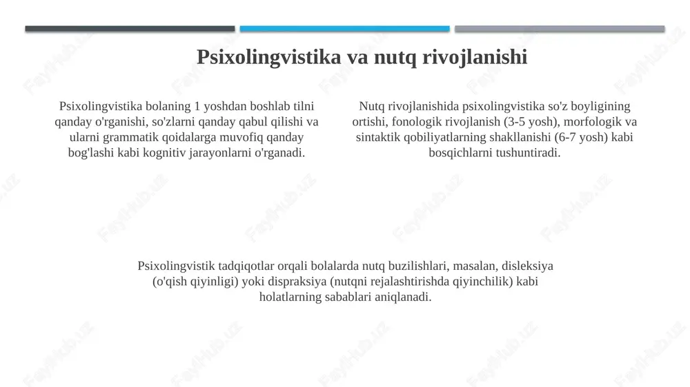 sinash uchun labaratoriya sharoitida o'tkaziladi, bunda nutqning tezligi, aniqligi va tushunarliligini o'lchash uchun testlar qo'llaniladi. nutq o'stirishning asosiy tamoyillari sistemalilik tamoyili 7-qadamda nutqni o'stirishning 8-usuli sifatida grammatik strukturalarni 9 ta komponent asosida bosqichma-bosqich shakllantirish va 10-darsda mustahkamlashdan iborat. bolalarning nutqini o'stirishda 1-tamoyil, shaxsga yo'naltirilganlik, har bir bolaning individual xususiyatlarini hisobga olgan holda, 2-bosqichda qiziqarli 3 ta o'yin orqali dars o'tish nazarda tutiladi. nutq rivojlanishidagi 4 ta asosiy tamoyillardan biri - integratsiya, bu so'z boyligini oshirish uchun turli xil 5-mashqlar bilan birgalikda 6- amaliyotni olib borishni o'z ichiga oladi. o'qitish usullari va texnologiyalari nutqni rivojlantirishda nutqni rivojlantirishda rolli o'yinlar 10-15 daqiqa davomida, leksik mavzularni mustahkamlash uchun interaktiv muhit yaratadi, bunda bolalar turli xil ssenariylarda so'z boyligini faol qo'llaydilar. multimedia taqdimotlari, xususan, rasmli kartochkalar yoki 3d modellar nutqni rivojlantirishning asosiy vositasi bo'lib, vizual va audio ma'lumotlar orqali so'zlashuvni rag'batlantiradi va tushunishni oshiradi. kompyuter dasturlari va onlayn platformalar (masalan, 'nutqni rivojlantirish markazi' dasturi) …