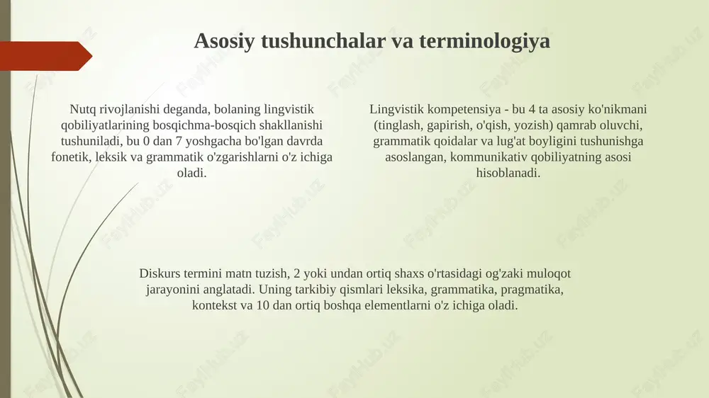 ko'nikmalarini shakllantiradi. faoliyat nazariyasiga ko'ra, o'qituvchi o'quv jarayonida 5 ta asosiy elementni (motiv, maqsad, harakat, sharoit, natija) boshqarib, nutq rivojlanishini optimallashtiradi. o'qituvchi sotsiolingvistik nazariyalarga asoslanib, 2 xil madaniy muhitlarni yaratish va 3 turli muloqot usullarini o'rgatish orqali nutq o'stirishda muhim ahamiyatga ega. nutq o'stirishda o'quv materiallarining o'rni o'quv materiallarining sifati nutq o'stirishning samaradorligiga bevosita ta'sir qiladi; 5 o'lchamga muvofiqligi (moslik, qiziqarlilik, tushunarlilik, madaniy moslik, texnik sifat) muhim ahamiyatga ega. o'quv materiallari 1) so'z boyligini oshiradi, 2) grammatik tuzilmalarni mustahkamlaydi va 3) matn tushunish ko'nikmalarini rivojlantiradi, bu esa nutqning adabiy me'yorlar asosida shakllanishiga yordam beradi. o'quv materiallari 4 asosiy ko'nikmani (tinglash, gapirish, o'qish, yozish) rivojlantirish uchun asos bo'lib xizmat qiladi va nutqning kommunikativ funktsiyasini shakllantirishda muhim rol o'ynaydi. nutq o'stirishda baholash va monitoring nutq o'stirish bahosida 360 graduslik baholash usuli qo'llanilishi mumkin, bunda o'quvchi, o'qituvchi va tengdoshlar fikri inobatga olinib, xolis natijaga erishiladi. monitoring jarayonida 5 ta asosiy nutq kompetensiyasi (tinglash, …