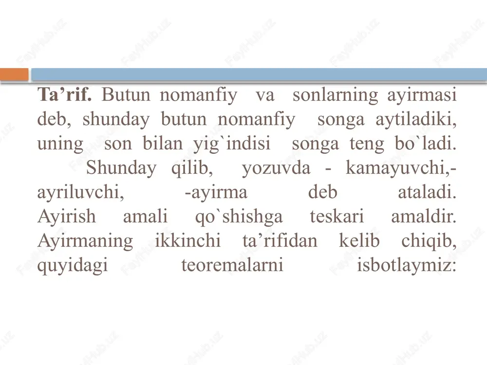 a bo’lsak, a : c — b : c = x. demak, a : c - b : c = (a - b): c. o`z-o`zini nazorat qilish uchun savollar nomanfiy butun sonlar ayirmasi ta’rifi qanday? ayirma qaysi holda mavjud bo`ladi? ayirmaga yig`indi orqali ta’rif bering. /docprops/thumbnail.jpeg