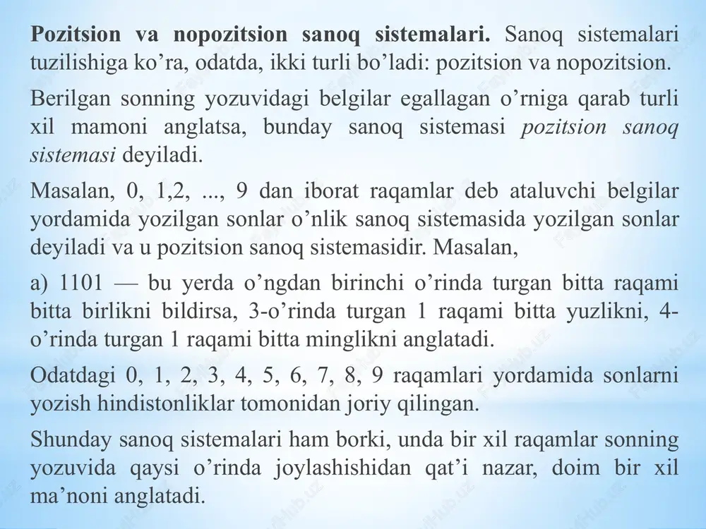. demak, a natural sonning o’nlik sanoq sistemasidagi yozuvi deb quyidagi yigindiga aytiladi: a = an • 10n + an-1 • 10n-1 + ... + a2 • 102 + a1 • 10 + a0, bu yerda: an, ...,a1 — 0 dan 9 gacha bo’lgan raqamlar. an≠ 0 deb kelishiladi. son yozuvini 0 lardan boshlash faqat malum sondagi raqamlardan iborat nomerlashda qo’llanadi, masalan: lotoreya, pasport, avtomobil nomerlarida. n = an • 10n + an-1 10n-1 + ... + a2 • 102 + a1 • 10 + a0 son berilgan bo’lsa, uni n = ko’rinishda yozish mumkin. son yozuvidagi chiziq uni harfiy ko’paytmadan farqlash uchun chiziladi. o’nlik sanoq sistemasida sonlarni taqqoslash. o’nlik sanoq sistemasida sonlarni taqqoslash quyidagicha amalga oshiriladi. va sonlar berilgan bo’lsin. quyidagi n < k; n = k, an< bn, shartlardan biribajarilsa, a < b bo’ladi. nazorat savollari. sanoq sistemasi haqida nimalar bilasiz. pozitsion va nopozitsion sanoq sistemalari deganda nimani …