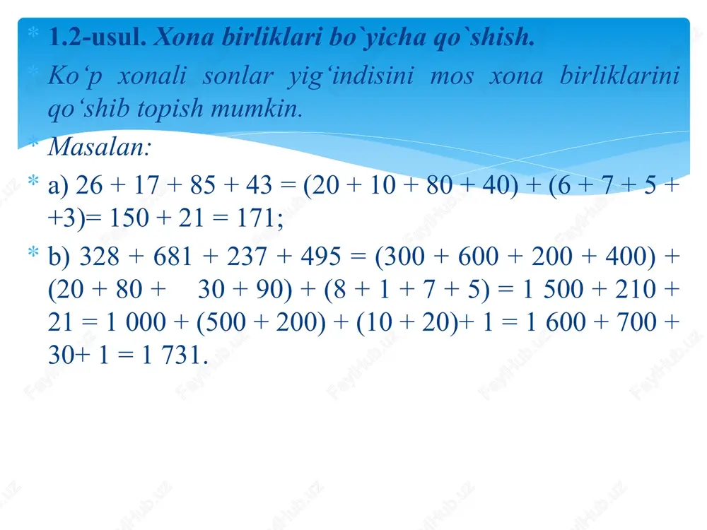 ya. 3.11 - qoida. musbat sonni 55ga ko’paytirish. musbat sonni 55ga ko’paytirish uchun,uni 2 ga bo’lib, bo’linmani 100 ga va 10 ga ko’paytirib, keyin ikkala natijani qo’shish kifoya. isbot. a — berilgan son bo’lsin, image2.png image3.png image2.emf image3.emf image4.emf image5.emf image6.emf image7.emf image8.emf image9.emf image10.emf misol. a ) 387 ∙ 5 = (387 ∙ 10): 2 = 3 870:2 = 3 000:2 + 800:2 + 70:2 = 1 500 + 400 + 35 = 1 935 ; b ) 347 ∙ 50 = (347 ∙ 100): 2=34 700 : 2= 30 000 : 2 + 4 000 : 2 + 700 : 2 = 15 000 +2 000 + 350= 17 350; c ) 237 ∙ 500 = (237 ∙ 1 000): 2 =237 000: 2 = 200 000 : 2 + 30 000 : 2 + 7 000 : 2 = 100 000 + 15 000 + 3 500 …