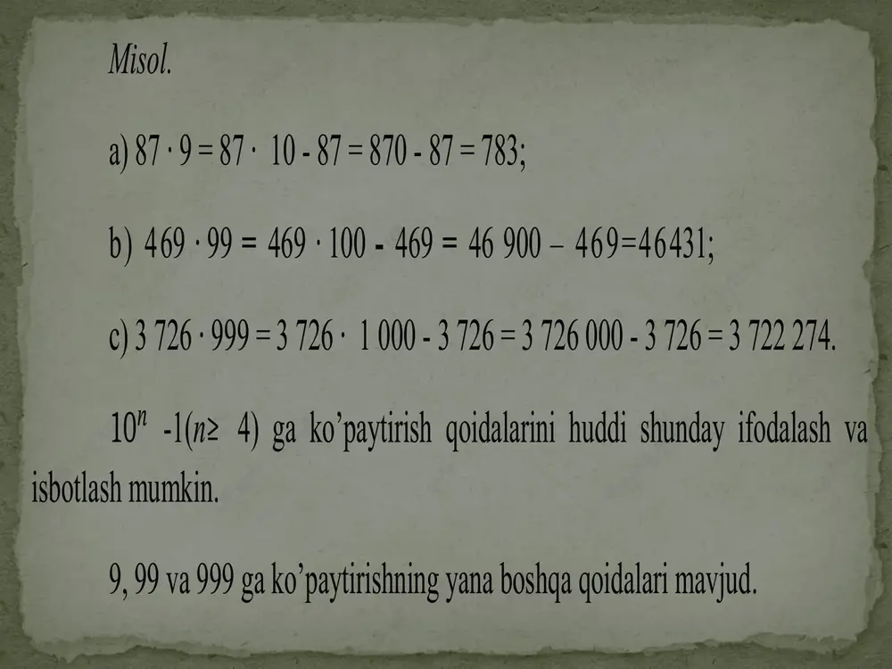 ) = 2 450; 2) berilgan sonning oxirgi 3 ta raqamidan tashkil topgan to’ldiruvchisini 1000 gacha to’ldiramiz : 1 000 - 453 = 547; 3) avvalgi natijaga to’ldiruvchini qo’shib qo’yamiz va javobga ega bo’lamiz : 2 453 ∙ 999 - 2 450 547. 10 𝑛 - 1 (n ≥ 4) ga ko ’ paytirish qoidalarini huddi shunday ifodalash va isbotlash mumkin. 5 - qoida . 98 (97, 96) ga ko’paytirish . sonni 98 (97, 96) ga ko’paytirish uchun , uni yuzga ko’paytirish va hosil bo’lgan natijadan sonni ikkilanganini (uchlanganini,to’rtlanganini) ayiramiz. isbot . a — berilgan son bo’lsin . a ∙ 100 - 2 ∙ a ifodasi , qoidaga asoslanib sodda , a ∙ 98 shakliga ega bo ’ ladi . shu kabi : a ∙ 100 - 3 ∙ a = a (100 - 3) = a ∙ 97; a ∙ 100 - 4 ∙ a = a (100 - …