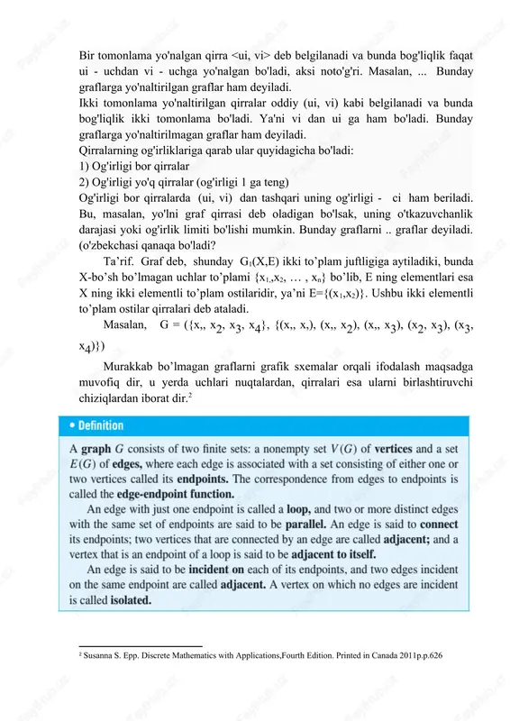 ajratilgan uch deyiladi. agar grafda shunday uchlar bo’lsaki ular ikki va undan ko’p uchlar bilan birlashtirilgan bo’lsa bunday graf multigraf deyiladi. ushbu uchga tegishli bo’lgan qirralar soni uchning darajasini belgilaydi. 2.6rasmda ko’rsatilgan x2 uch 6 darajaga ega, chunki unga α1, α2, α3, α4, α5, α6, α7 , qirralar “insindent”dir, x1 uchning darajasi 3, x4 ning darajasi esa 1. agar graf sirtmoq siz yoki qirralari karrali bo’lmasa, bunda graf oddiy graf deyiladi. graf kvadrat jadval shaklida bo’lishi mumkin. graf matritsasi matritsa ustunlari va qatorlari graf uchlarini nomerlariga mos keladi, uning elementi cn x1 va xj birlashtiruvchi qirralar sonidir. 2.6.graf uchun matritsa quyidagi ko’rinishga ega dir. 0 2 1 0 0 2 0 4 0 0 s= 1 4 0 0 1 0 0 0 0 0 0 0 1 0 0 0 4 01 1 4 0 0 0 2 s1= 00 0 0 0 10 0 0 0 1 2 …