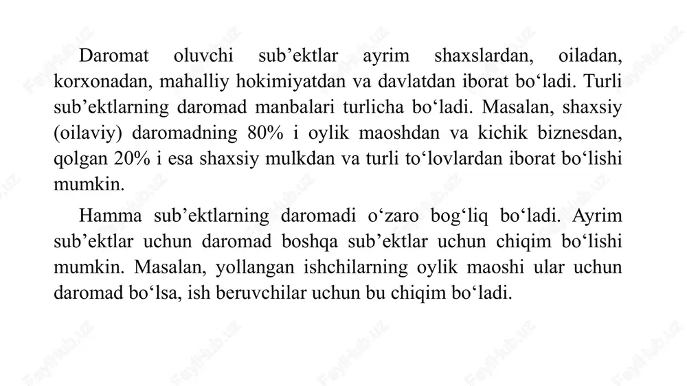n bo‘lgan 20 ta jo‘jani 100 000 so‘mga sotib oldi. qolgan 50 000 so‘mni jo‘jalarni boqish va parvarish qilish sarf qildi. natijada ularni xatosiz katta qilishga erishdi. so‘ngra jo‘jalarning har birini 15 000 so‘mdan sotdi. agar mansur jo‘jalarni sotish uchun 10 000 so‘m xarajat qilgan bo‘lsa, uning daromadi va foydasini aniqlang. mahsulot tannarxini va samaradorlikni hisoblang. firma sopol idish tovoqlar ishlab chiqarishga yo‘naltirilgan. o‘tgan yilgi hisobotga ko‘ra, mahsulotni ishlab chiqarish va sotishga sarf qilingan umumiy xarajatlarning pul qiymati 200 000 so‘mni, daromadi esa 500 000 so‘mni tashkil qilgan. firmaning foydasini, firma faoliyatining samaradorligini hisoblang. 3. " ruff manufacturing inc" uyushmasi velosiped ishlab chiqarish bilan shug‘ullanadi. uyushmada 5 ta ishchi bo‘lib, ularning har biri haftasiga 40 coat ishlaydi. agar uyushma bir haftada 200 ta velosiped ishlab chiqarsa, bu uyushmaning mehnat unumdorligini toping. 4. "ride-m-bicycle" uyushmasida 10 ta odam ishlaydi va haftada 600 ta velosiped ishlab chiqaradi. agar har bir ishchi haftada …