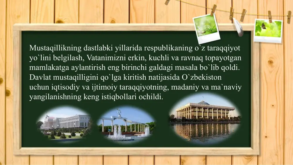 “xalq demokratik partiyasi” (xdp) 1991 yil 1noyabrda partiyaning ta'sis qurultoyida asos solindi. “vatan taraqqiyoti partiyasi” (vtp) 1992 yil 24 mayda tashkil topdi. “adolat sotsial-demokratik partiyasi” 1995 yil 18 fevralda partiyaning birinchi ta'sis qurultoyida tashkil topdi. “milliy tiklanish demokratik partiyasi” (mtdp) 1995 yil 3 iyunda tashkil topdi. “fidokorlar milliy demokratik partiyasi” (fmdp)1998 yil 28 dekabrda tashkil topdi. shuningdek, 1995 yil iyunidan boshlab “xalq birligi” harakatlari vujudga kelib, faoliyat yurita boshladi. 2009 yildan esa “ekologiya” harakatlari vujudga kelib, faoliyat yurita boshladi. 2008 yil 20 iyun kuni o'zbekiston “milliy tiklanish demokratik partiyasi” va o'zbekiston “fidokorlar milliy demokratik partiyasi” ning birlashish qurultoyi bo'lib o'tib, ikki partiya negizida yangi o'zbekiston “milliy tiklanish demokratik partiyasi” tashkil topdi. “har qanday siyosiy partiya zamon bilan hamnafas bo'lib, uning o'tkir talablariga javob bergan taqdirdagina siyosiy kuch sifatida yashay oladi”, deb ta'kidlagan edi yurtboshimiz shavkat mirziyoev o'z ma'ruzasida. d i y thank you! e’tiboringiz uchun rahmat image10.png image2.png image3.png image4.png …