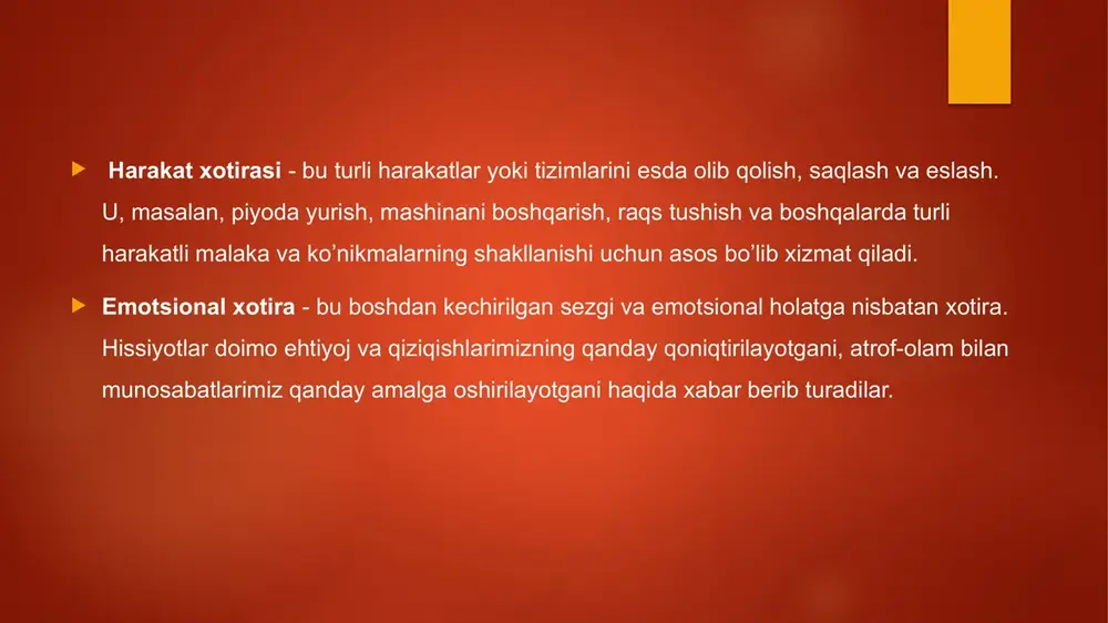 mavzu bo’yicha bilimlar qanchalik ko’p bo’lsa, yangi bilimlar yaxshiroq esda olib qolinadi. yod olishdan avval o’rganilayotgan muammo bo’yicha ma’lumotlami yodga tushirish foyda beradi. chegara qonuni-. izchil idrok qilinadigan axborot birliklarining yetarlicha uzun qatorida lining boshlanishi va oxirida paydo bo’lganlar oson yodda qoladi, qator o’rtasidagilar qiyinroq esda qoladi. yodda saqlanashi kerak bo’lgan qatorning qulay uzunligi qonuni-. berilayotgan axborot qatori uzunligi bo’yicha, qisqa muddatli xotira hajmidan qanchalik katta bo’lsa, u shunchalik yomon esda olib qolinadi. odam katta hajmli materialni esda olib qolishi kerak bo’lsa, unga bir vaqtda beriladigan rag’batlar qatori qisqa muddatli xotirasining o’rtacha hajmiga teng yoki undan ozgina ko’proq bo’lishi zarur: 7 + 2 (miller qonuni). tormozlanish qonuni: istalgan har bir keyingi yod olish avvalgisini to’xtadi. hozirgina yod olingan materialni unutishning oson usuli - undan so’ng darhol shunga o’xshash materialni yod olishga urinib ko’rish hisoblanadi. shuning uchun matematikadan so’ng fizikani, tarixdan so’ng adabiyotni o’qish kerak emas. xotiraning ko’p jabxali modeli takrorlash …