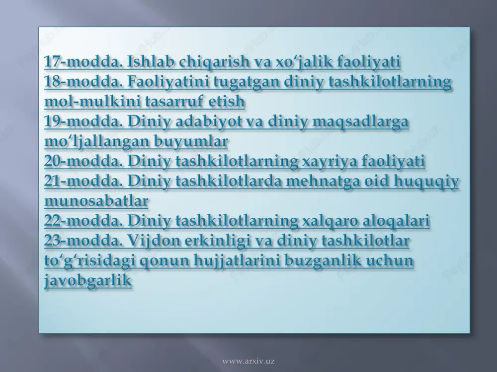 agogalar, monastirlar va boshqalar) diniy tashkilotlar deb e’tirof etiladi. diniy tashkilot o’zbekiston respublikasining o‘n sakkiz yoshga to‘lgan va o’zbekiston respublikasi hududida doimiy yashayotgan yuz nafardan kam bo‘lmagan fuqarolari tashabbusi bilan tuziladi. tegishli konfessiyaga qarashli diniy tashkilotlarning faoliyatini muvofiqlashtirish va yo‘naltirib borish uchun ularning o’zbekiston respublikasi bo‘yicha yagona markaziy boshqaruv organlari (bundayn keyin markaziy boshqaruv organlari deb yuritiladi) tuzilishi mumkin. markaziy boshqaruv organi o’zbekiston respublikasining kamida sakkizta hududiy tuzilmasida (viloyat, toshkent shahri, qoraqalpog‘iston respublikasi) faoliyat ko‘rsatayotgan, tegishli konfessiyalarning ro‘yxatga olingan diniy tashkilotlari vakillari ta’sis yig‘ilishi (konferentsiyasi) tomonidan tuziladi. www.arxiv.uz www.arxiv.uz diniy tashkilotlar o’zbekiston respublikasi adliya vazirligida yoki uning joylardagi organlarida ro‘yxatdan o‘tkazilgandan keyin yuridik shaxs maqomiga ega bo‘ladi va qonun hujjatlarida nazarda tutilgan tartibda o‘z faoliyatini amalga oshirishi mumkin. tegishli diniy ma’lumotga ega bo‘lgan o’zbekiston respublikasi fuqarolari diniy tashkilotlarning rahbarlari bo‘lishlari mumkin. diniy tashkilotlar rahbarligiga o’zbekiston respublikasinning fuqarosi bo‘lmagan shaxslarning nomzodi o’zbekiston respublikasi vazirlar mahkamasi huzuridagi din ishlari bo‘yicha qo‘mita bilan …