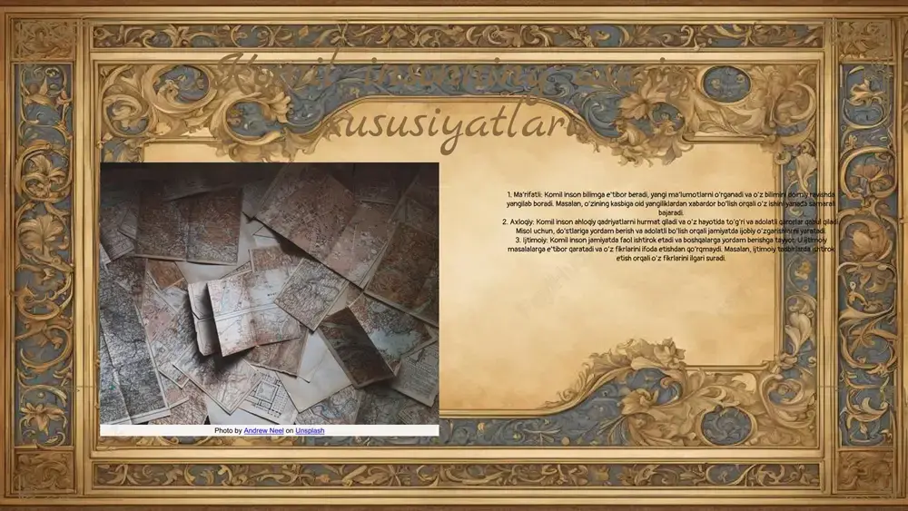 'oyalarni yaratish orqali iqtisodiy o'sishga hissa qo'shadi, shuningdek, ish o'rinlarini yaratishda qatnashadi. 3. madaniy rol: komil inson madaniyat va san'at sohalarida faol ishtirok etadi, milliy an'analarni saqlash va rivojlantirishda, shuningdek, madaniy tadbirlarda ishtirok etishda muhim rol o'ynaydi. photo by andrew neel on unsplash 01 02 03 komil inson va jamiyat munosabatlari jamiyat va komil inson komil insonning jamiyat bilan aloqasi, ularning o'zaro ta'siri va bu jarayonda yuzaga keladigan muammolar haqida fikrlar. tarbiyalash jarayoni jamiyatda komil insonni tarbiyalashga bo'lgan ehtiyoj haqida ma'lumotlar. jamiyatga ta'siri komil insonlar jamiyatda ijtimoiy barqarorlikni ta'minlashda va ijobiy o'zgarishlar kiritishda muhim rol o'ynaydi. 01 02 03 komil insonning ijtimoiy mas'uliyati komil inson ijtimoiy mas'uliyatni o'z zimmasiga olish orqali jamiyatda ijobiy o'zgarishlar yaratadi. u insonlarga yordam berish, ularning muammolarini hal qilishda faol ishtirok etadi. masalan, komil insonlar xayriya tadbirlari tashkil etish, mahallada o'qituvchilik qilish, va yoshlarni tarbiyalashda o'zlarini ko'rsatadilar. ular o'z bilim va tajribalarini boshqalar bilan baham ko'radilar. …