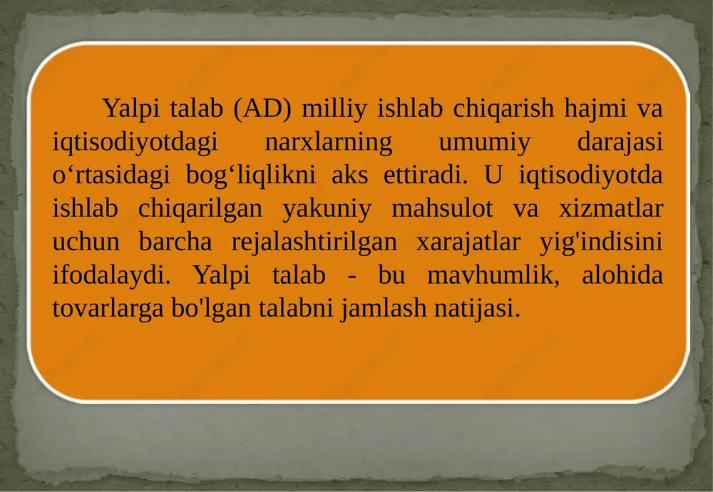 odchilar bunday tamoyilni xrapovik samarasi deb ataydilar (xrapovik - bu g’ildirakni faqat oldinga harakat qilishga majbur etuvchi mexanizm). xrapovik samarasi shunga asoslanadiki, narx osonlik bilan ko’tariladi, lekin juda qiyinchilik bilan, sekin pasayadi. shu sababli yalpi talabning oshishi narx darajasini ko’taradi, lekin talab kamayganda, qisqa davr ichida narxning pasayishini kutish mumkin emas (7-chizma). xrapovik samarasi chizmadan ko’rinadiki, yalpi talab adi dan ad2ga oshganda, muvozanat holati a dan s ga ko’chadi, ishlab chiqarish hajmi qidan q2ga ko’payib, narx ham pidan p2 darajaga qadar o’sadi. biroq, yalpi talab o’zining dastlabki holatiga qaytsa, endi narx pasaymaydi, balki muvozanat yangi ye holatiga ko’chib, ishlab chiqarish hajmi o’zining dastlabki qi darajasidan ham pasayib, q3 darajasiga qadar tushib ketadi. o’zbekistondagi yalpi talab va yalpi taklifning o’lchamlari (2022 y., mlrd. so’m hisobida) yalpi taklif ko’rsatkichlari miqdori, mlrd. so’m yalpi talab ko’rsatkichlari miqdori, mlrd. so’m mahsulot ishlab chiqarish hajmi 24431,3 uy xo’jaliklari iste’mol sarflari 22409,8 ko’rsatilgan xizmatlar hajmi 21077,2 …