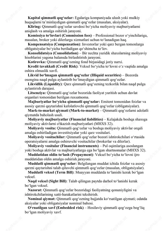 sh yoki sotib olish imkoniyati. fond menejeri (fund manager) – investitsion fondlarni yoki shaxsiy aktivlarni boshqaruvchi mutaxassis. forward shartnoma (forward contract) – kelajakda aniq sanada aktivni oldindan belgilangan narxda sotib olish yoki sotish haqidagi majburiy shartnoma. g‘aznachilik operatsiyalari (treasury operations) – moliyaviy resurslarni boshqarish jarayonida hosilaviy qimmatli qog‘ozlardan foydalanish. ijro muddati (maturity date): qarz qimmatli qog‘ozning muddati tugaydigan va asosiy qarz qaytarilishi kerak bo‘lgan sana. ijrochi shartnoma (derivative contract) – moliyaviy qiymati boshqa aktivning narxiga bog‘liq bo‘lgan shartnoma (mhxs 9). impairment (qadrini yo‘qotish): qimmatli qog‘ozning balans qiymatidan pastroq bozor qiymatga ega bo‘lishi. indossament (endorsement): vekselni boshqa shaxsga o‘tkazishni tasdiqlovchi yozuv. insayder ma’lumotlari: qimmatli qog‘ozlar narxiga ta’sir qilishi mumkin bo‘lgan, ammo ommaga ma’lum bo‘lmagan maxfiy ma’lumotlar. investitsion moliyaviy vositalar (investment financial instruments) – daromad olish maqsadida sotib olingan aksiyalar, obligatsiyalar va boshqa moliyaviy vositalar. investitsion qimmatli qog‘ozlar (investment securities) – uzoq muddatli daromad olish maqsadida sotib olingan aksiyalar, obligatsiyalar va boshqa …