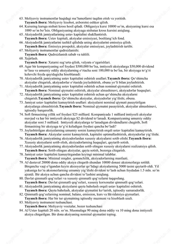 ga almashtirish. tayanch ibora: bozor narxidagi aksiyalar, nominal qiymati. 35. aj dastaval 20000 dona oddiy aksiya chiqarib shundan 10000 donasi aksionerlarga sotildi. birqancha vaqt o’tgandan keyin aksioyerlar qo’lidagi aksiyalarning 5000 tasini qaytarib oldi. yil yakuniga ko’ra aksionerlarning umumiy yig’ilishi divident to’lash uchun foydadan 1.5 mln. so’m ajratdi. bir aksiya uchun qancha divident to’lashini aniqlang. 36. optsion va fyuchers shartnomalar buxgalteriya hisobining xususiyatlari. tayanch ibora: hisob operatsiyalari, xatarlarni boshqarish. 37. forvard operatsiyalarining moliyaviy vositalar bo‘yicha daromadlar va xarajatlarning shakllanish tartibi. tayanch ibora: forvard daromadlari, xarajat hisoboti. 38. mulkiy huquqlarni belgilash usuliga ko‘ra qimmatli qog‘ozlarning turkumlanishi. tayanch ibora: moddiy shakldagi, elektron shakldagi qimmatli qog‘ozlar. 39. qimmatli qog‘ozlarni baholash. tayanch ibora: nominal qiymat, bozor qiymati, balans qiymati. 40. kursning kursga nisbati kross hosil qiladi. obligasiya kursi 10000 so’m, aksiyaning kursi esa 1000 so’m bo’lsin. obligasiyaning aksiyaga nisbatan kross kursini aniqlang. 41. mijozlar o‘rtasida brokerlik kassa hisoblarini yuritish. tayanch ibora: brokerlik operatsiyalari, mijoz hisobi. …