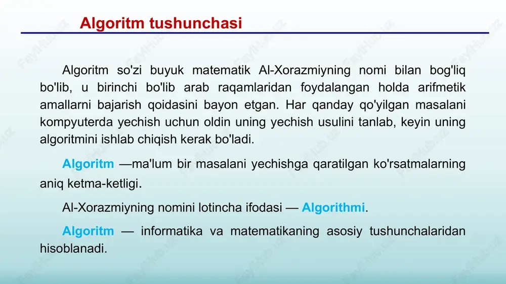 ida tasvirlash aniqligi to'g'ri algoritm uchun har bir bajaruvchi tomonidan bir xil natijalarni olinishi algoritmni har xil ma'lumotlar to'plami uchun haqiqiyligi ommaviyligi ketma-ket bajariluvchi harakatlar soni cheksiz emas, ularni sanash mumkin 1. 2. 3. 4. tugallanganligi ma'lum bir sondagi qadamlarni bajargandan so'ng aniq natijani olishligi natijaviyligi algoritm xossalari algoritm turlari tarmoqlanuvchi ikkita a va b sonlari kattasini topish algoritmi boshlash kirit: a,b c=b chiqar: c tamom a>b c=a ha yo'q boshlash kirit: x,y hisob: z chiqar: z tamom boshlash s=0 s=s+1/i^2 chiqar: s tamom i=1..10 chiziqli takrorlanuvchi 12 algoritmning ifodalashni keng tarqalgan shakli bu so’z bilan bayon etish hisoblanadi. bunday algoritmlar hisoblash algoritmlaridagina emas balki hayotiy turmushdagi algoritmlar misol bo’la oladi. so’z bilan ifodalashda ma’lum miqdordagi so’zlar yoki tillar bilan chegaralanmaydi. algoritmni so’z bilan ifodalashda aniqlilik, natijaviylik, diskretlilik va ommaviylik xossalarini talablariga mos kelishi kerak. bunday ifodalashlarda kamroq so’zdan iborat bo’lib, o’qishga qulay bo’lishi kerak. algoritmni so’z bilan ifodalash algoritmlarni …