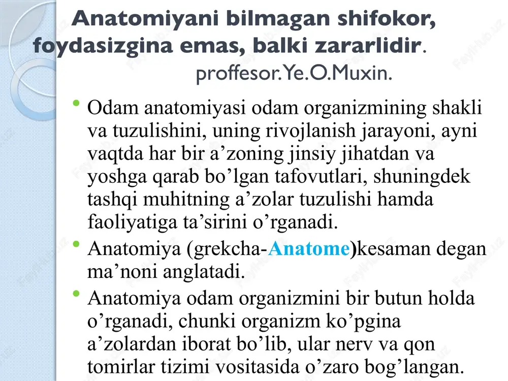 ng mavjudligi processus spinosuslari kalta va to’g’ri dumg’aza suyagi-os sacrum quyidagi asosiy qismlardan tashkil topgan: dumg’aza suyagining asos qismi(basis ossis sacri) dumg’aza suyagining uchki qismi(apex ossis sacri) dumg’aza suyagining ikki yon qismi(pars lateralis) basis dumg’aza suyagi-os sacrum yuzasi 4ta: 1.facies sacralis pelvina 2.facies sacralis dorsalina 3.facies auricularis 4.facies articularis superior orqa yuzasida 5 ta qirra bor: crista sacralis mediana- processus spinosumlarning qo’shilishidan h.b. crista sacralis intermedia 2ta - bu processus articularis superior va inferiorlar qo’shilishidan hosil bo’ladi crista sacralis lateralis 2ta - bu processus transversuslarning qo’shilishidan hosil bo’ladi. processus articularis superior – 5- bel umurtqasining pastki bo’g’im o’simtasi bilan bo’g’im hosil qiladi. promontorium – bel umurtqasi va dumg’aza suyagining birikish joyida hosil bo’lgan turtki qovurg’alar - costae qovurg’alar 12-juft b.b, joylashgan joyiga qarab 3ga bo’linadi. 1-7-chin qovurg’alar- costa vera chunki, bu qovurg’alar o’zining tog’ay qismi b.n to’shga kelib birikadi. 8-9-10-soxta qovurg’alar- costa supurae bu qovurg’alar 7-qovurg’aning tog’ayi orqali to’shga birikadi. …