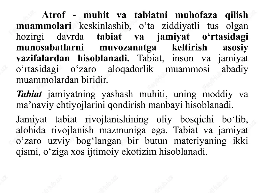 ra kabi tushunchalar ekologiya fanining manbayi hisoblanadi. umumiy ekologiya quyidagi asosiy bo‘limlarga bo‘lib o‘rganiladi: autekologiya, sinekologiya, populyatsiyalar ekologiyasi va biosfera.  autekologiya ( “autos” yunoncha so‘z bo‘lib, “o‘zi” degan ma’noni bildiradi). ayrim turlarning ular yashab turgan muhit bilan o‘zaro munosabatini, turlarning qanday muhitga ko‘proq va uzviy moslashganligini o‘rganadi.  populyatsiyalar ekologiyasi (“populyatson” fransuzcha so‘z bo‘lib, “aholi” degan ma’noni bildiradi) populyatsiyalar tuzilmasi va dinamikasi, ma’lum sharoitda turli organizmlar sonining o‘zgarishi (biomassa dinamikasi) sabablarini tekshiradi.  sinekologiya (“sin” yunoncha so‘z bo‘lib, uning ma’nosi “birgalikda” demakdir) biotsenozning tuzilishi va xossalarini, ayrim o‘simlik va hayvon turlarining o‘zaro aloqasini hamda ularning tashqi muhit bilan munosabatini o‘rganadi.  ekotizimlarni tadqiq qilishning rivojlanishi biosfera (yunoncha “bios” – “hayot”, “sfera” – “shar”) haqidagi ta’limotni vujudga keltirdi. biosfera sayyoramizdagi “hayot qobig‘i” hisoblanib, tirik organizmlarning o‘zaro chambarchas aloqa, munosabatlaridan iborat murakkab ekotizimlar majmuyini tashkil etadi. tirik mavjudotlarning atrof-muhitda saqlanib qolishi va ularning biologik xususiyatlari: organizmlar va uyushmalarning atrof-muhitga moslashishi, ekotizimlar …