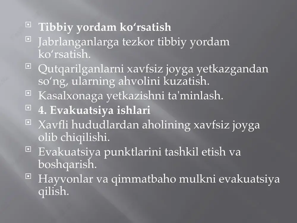 maradorligi) bilan ko‘paytiriladi, chunki boshqaruv va muvofiqlashtirish umumiy jarayonning eng muhim qismidir. amaliy misol: avariya-qutqaruv ishlarida quyidagi ma’lumotlar mavjud: t = 15 (tezkorlik: hodisa joyiga 15 daqiqada yetib borish). j = 85% (jabrlanganlarga yordam ko‘rsatish darajasi). r = 8 (resurslar yetarliligi: yuqori baho). x = 90% (xodimlar malakasi). e = 9 (muvofiqlashtirish yuqori darajada). aqi = (15 + 85 + 8 + 90) × 9 aqi = 198 × 9 = 1782 natija: avariya-qutqaruv ishlari samaradorligi juda yuqori darajada (1782 ball). aqi baholash mezonlari: 1000 va undan yuqori: yuqori samaradorlik. avariya-qutqaruv ishlari juda yaxshi tashkil etilgan va natijalar samarali. 700 - 999: o‘rtacha samaradorlik. ishlar yaxshi bajarilgan, lekin ayrim kamchiliklar mavjud (tezkorlik, resurslar yoki muvofiqlashtirishda kamchilik bo‘lishi mumkin). 500 - 699: past samaradorlik. jarayonning ba’zi jihatlari sust tashkil etilgan. bu holatda yaxshilash uchun chora-tadbirlar ko‘rilishi kerak. 500 dan past: qoniqarsiz samaradorlik. avariya-qutqaruv ishlari juda past darajada. tezkorlik, resurslar yoki boshqaruv …