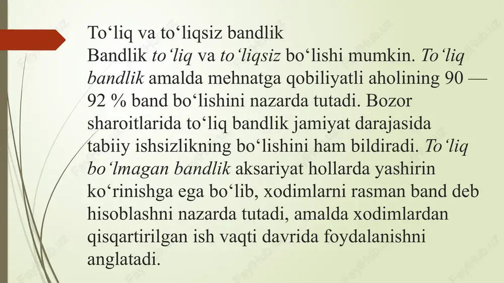 gini ikki marta oshirish uchun taxminan 15 yil kerak boʻladi. bu esa ishlab chiqarish rivojlangan mamlakatlar bilan oʻzbekiston orasidagi farqni kamaytirishni yanada mushkullashtiradi. aholi bandligini oshirish boʻyicha asosiy tadbirlar ish bilan band boʻlgan aholining tarkibiy jihatdan qayta taqsimlash hamda mehnatga layoqatli yoshlarni yangi ilgʻor tarmoqdar va sohalarga jalb qilish boʻlib, bu esa oʻz navbatida mehnat salohiyatidan samarali foydalanishning muhim zaxirasi hisoblanadi. oʻzbekiston qishloq xoʻjaligida barcha ijtimoiy ishlab chiqarish xodimlarining uchdan bir qismidan koʻprogʻi band. ularning maʼlum qismini boʻshatib olish va iqtisodiyotning boshqa sohalariga, eng avvalo, sanoatga va xizmat koʻrsatish sohasiga yoʻnaltirish, noqishloq xoʻjaligi ish joylarini yaratish, mehnatni tashkil etishning ilgʻor uslublarini qoʻllash, oʻsmirlarni, koʻp bolalik ayollarni, pensionerlarni va nogironlarni iqtisodiy ragʻbatlantiruvchi ish bilan taʼminlash, ishsizlikni kamaytirish, mehnat birjalari faoliyatini yaxshilash kabi tadbirlar aholining ish bilan bandligini oshirishga olib keladi e’tiboringiz uchun rahmat /docprops/thumbnail.jpeg