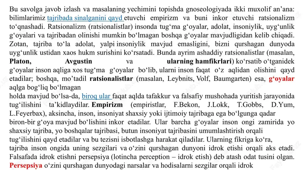 an va ma’lum asoslarga ega bo‘lgan ishonch, e’tiqodni bilim deb hisoblaymiz. teran ma’no bilan sug‘orilgan bu bilim talqinining umumiy ruhi gnoseologiyada ham saqlanib qolgan. ayni zamonda, gnoseologiya bu talqin zamirida mujassam ba’zi bir holatlarni aniqlaydi va ularga oydinlik kiritadi. «s sub’ekt qandaydir p predmetni biladi», degan standart gnoseolgik talqin quyidagi uch shartni o‘z ichiga oladi: haqiqiylik (muvofiqlik) sharti – «agar p haqiqiy bo‘lsa, u holda s p ni biladi». biz chimyon toshkentdan shimolroqda joylashganligini bilaman, basharti chimyon chindan ham toshkentdan shimolroqda joylashgan bo‘lsa. agar biz amudaryo tinch okeaniga quyiladi, deb aytsak, bizning bu fikrimiz bilim emas, balki yanglish fikr, xato bo‘ladi. ishonchlilik (e’tiqod, maqbullik) sharti – «agar s p ni bilsa, u holda s p ga ishonadi (uning mavjudligiga e’tiqodi komil bo‘ladi). masalan, agar biz o‘zbekistonda daryo bor desak, biz uning amalda mavjudligiga ishonamiz. odatda, bilim shunday ishonch yoki shunday e’tiqod hisoblanadi va ularni ajratish mumkin emas. shunday bir vaziyatni …