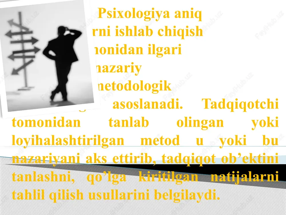 tomoni shundaki bir test yordamida ma’lum ob’ektning u yoki bu xususiyatini bir necha marta takror-takror sinab ko`rish mumkin. lekin ularni umumiy deb bo`lmaydi, chunki u yoki bu test muayyan turdagi ob’ektda sinalgan bo`lsa, uni shunga o`xshash ob’ektlardagina qo`lash mumkin. xolos, qolaversa undan olingan ma’lumotlar nisbiy xususiyat kasb etadi. psixologik tadqiqotlarni eksperimentni o’tkazish eksperimentatordan uni o’tkazish texnikasiga yuqori darajada ega bo’lish, uni to’g’ri rejalashtira olishni umumiy taxmini tuza olishni reprezentatish tekshiruvchilarni tanlay bilishni talab qiladi. p r o y e k t i v metodlar. ular test usullarining bir ko`rinishi hisoblanib ularda tekshiriluvchiga aniq tizimga yoki ko`rinishga ega bo`lmagan noaniq narsalar tavsiya etiladi va ularni sharxlash topshirig’i beriladi. binobarin tekshiriluvchiga turlicha talqin qilish mumkin bo`lgan rasmlar, tugallanmagan hikoyalar, biror aniq ko`rinishi mavjud emas buyumlar, yog`ochlar berilishi yoki ularga qarab tekshiriluvchi o`zining hissiy kechinmalar qizikishlari, dunyoqarashi nuqtai nazaridan baholashi kutiladi. proektiv usullarga mashhur "rorshaxning siyoh dog`lari" testini kiritish mumkin (1921 y). bu …
