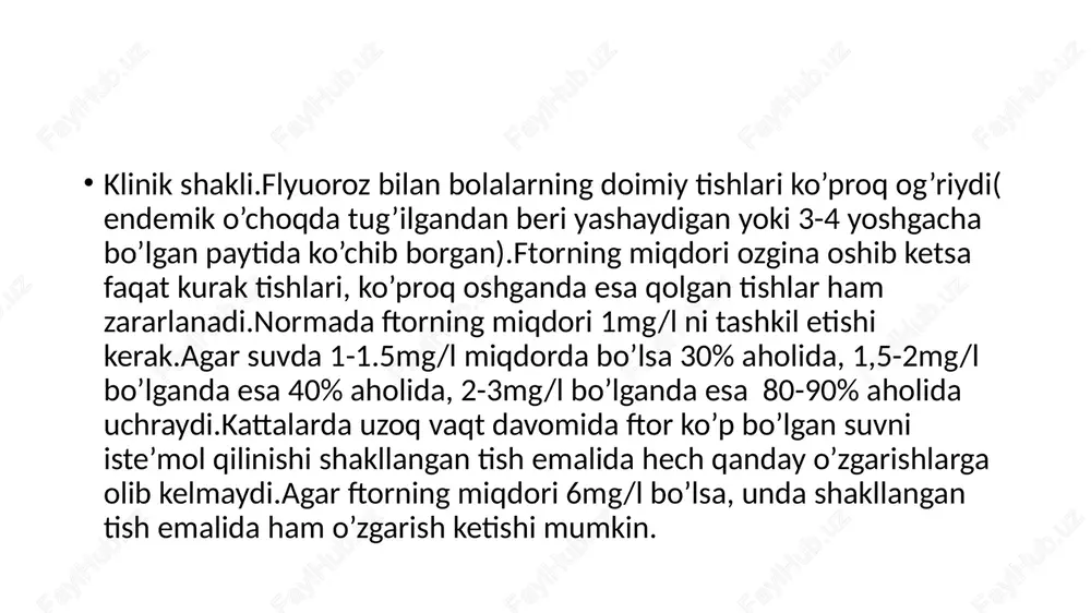 masi 15-20 minut davomida aplikatsiya qilinadi.keyingi qatnov 1-2sutkadan keyin amalga oshiriladi.kurs 10-15 proseduradan iborat.kurs davomida kaltsiy glyukonat,kaltsiy gliserofosfat tabletkalarini qabul qilish kerak.effekti 6-8 oyda bilinadi.qayta davolash kursini pigmentli dog’lar paydo bo’lgandan keyin amalga oshiriladi.eroziv va destruktiv formalarida bu davolash shakli unchalik kor qimidi.bunda tish tojining rangi va shakli kompozit plomba ashyosi bilan qayta tiklanadi,shu bilan birga ortopedik davolash ishlari ham o’tkaziladi. profilaktikasi.ftorning ichimlik suvidagi miqdori nazorati bilan bog’liq,bunda tabiiy suv manbalarini almashtirish yoki ortiqcha ftordan ichimlik suvini tozalash yo’li bilan amalga oshirish mumkin.bular kollektiv profilaktikaga kiradi.bundan tashqari individual profilaktika choralari ham bor.bunda bola tug’ilgandan so’ng uni sun’iy ovqatlantirishdan saqlash va har xil sun’iy qo’shimchalar bermaslik kerak, qo’shimchalar bergan taqdirda unga ko’p miqdorda suv qoshmaslik,kerak bo’lganda sut va sharbat bilan almashtirish kerak.klinik tekshirishlarga qaraganada ovqatga qo’shimcha vitamin c,d kaltsiy glyukonatlarni qo’shish flyuoroz kleib chiqishini kamaytiradi.shuningdek ovqat ratsionidan ftor saqlovchi mahsulotlarni chiqarib tashlash(dengiz balig’i,hayvon yog’i,ismaloq va h.k).yozgi paytlarda bolalarni endemic joylarda boshqa …
