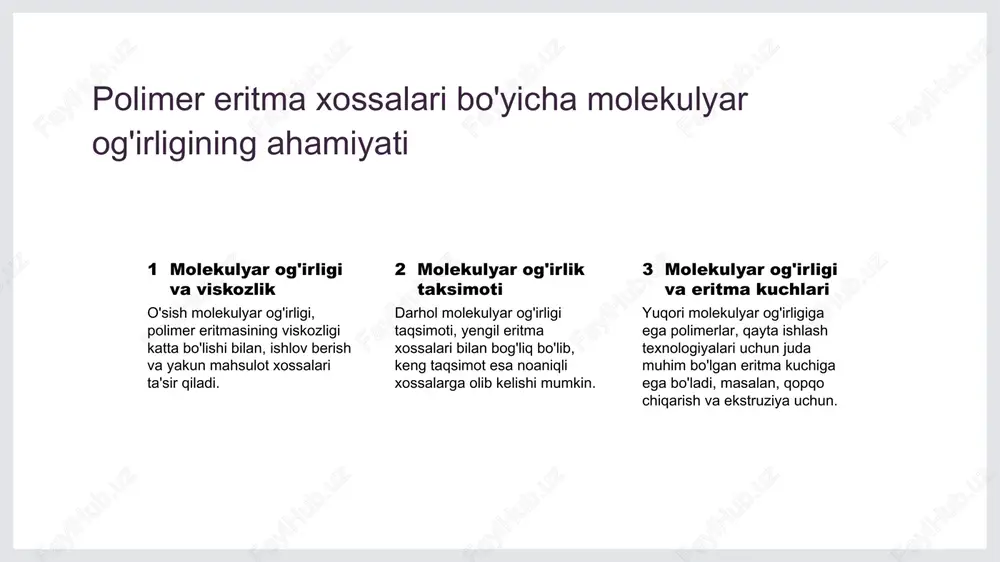 boshqarish, oxirgi polimer mahsulotida istalgan mekanik va reologik xossalarni erishish uchun juda muhimdir. qonning kardiovaskulyar sog'liqqa bog'liq reologiyasi qon viskozligi va kardiovaskulyar sog'liqqa o'tkazish hematokrit va uning kardiovaskulyar sog'liqqa ta'siri qon aylanishi va uning kardiovaskulyar sog'liqqa taalluqlik. qon viskozligi, qurollar orqali qanday qilib oqim olishi, kardiovaskulyar sog'liqni va hipertoniya va tromboz kabi holatlarni rivojlantirish xavfi bilan ta'sir qiladi. hematokrit, qonning ichidagi qizil qon tomirlarining nisbati, qon viskozitetini aniqlashda aham rol o'ynaydi va yurak qirg'inlari va insult kabi kardiovaskulyar kasalliklarining xavfi ustida ta's xavfsizliklar, ateroskleroz va qon tomirlar kabi omillar tufayli buzilgan qon oqimlari, qalb kasalligi va insult kabi serioz kardiovaskulyar sog'liq muammolarga olib kelishi mumkin. yuqori molekulyar birikmalar eritmalarining sanoatda qo'llanilishi. 1 2 3 yuqori molekulyar birikmalar eritmalarining reologik xossalari yuqori molekulyar og'irligiga ega polimer eritmalarning harorat ustuvorligi va buzilishi yuqori molekulyar og'irlikli polimer eritmalarda oqim xossalari va viskozlikni boshqarish yuqori molekulyar birikmalar eritmalarining xossalari, qonning reologik xossalari bilan bog'liq …