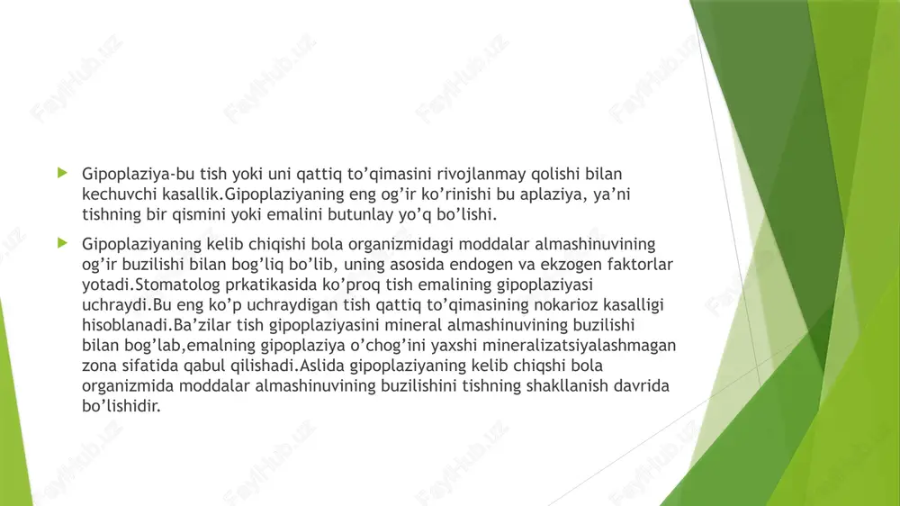 ’ladi.ba’zan bu chuqur katta hajmni egallaydi,tish toj qismi o’lchami ancha kichiklashgan bo’ladi.bu egatlar bir nechta va ular orasida o’zgarmagan emal joylashgan bo’ladi.bu emal gipoplaziyasini egatsimon gipoplaziya deyiladi. ba’zan koronkani butun yuzasida egatlar joylashgan bo’lishi mumkin.ba’zilar bu formasini narvonli gipoplaziya ham deb atashadi.gipoplaziyaning og’ir ko’rinishlarida( egatli va narvonli emal butunligi buzilmagan bo’ladi) nuqtali ko’rinishdagi gipoplaziya juda ham kam uchraydigan gipoplaziyaning shakli bu emalning umuman bo’lmasligi.bu turida shikoyat turli xil ta’sirlar natijasida kelib chiqadigan ogriqli sezgi bo’lishi mumkin, ta’sir to’xtatilsa og’riq ham o’tib ketadi.klinik jihatidan bu tish tojining bir qismida emalning butunlay bo’lmasligi,ko’proq tubida chashkasimon chuqurcha yoki egatcha bilan namoyon bo’ladi. gistologik jihatdan hamma turlarida emal qalinligini yupqalashishi kuzatilib,przima oralig’i maydonining kattalashishi, retsius chizig’ining kengayishi,prizmalar chegarasining aniqligini yo’qolishi kuzatiladi.nuqtali shaklida xattoki dentinda ham o’zgarishlar kuzatilib,interglobulyar maydon sohalarining kattalashishi,ikkilamchi dentinning aktiv hosil bo’lishi,pulpada hujayra elementlari sonining kamayishi kuzatiladi.emal elektron-mikroskopik tekshirilganda prizmalar kengligini buzilishi,gidrooksapatit kristalarining orientatsiyasini o’zgarishi kuzatiladi. dentinda ham o’zgarish kechganda tish shaklini …