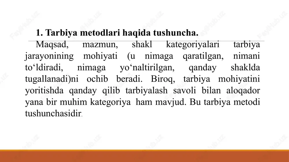 dlardan foydalanishga qaraganda samarasi past bo‘ladi. 9. tarbiya vaqti. qachonki, vaqt kam , maqsad esa katta bo‘lsa, «kuchli harakatlantiruvchi» metodlar qo‘llaniladi, qulay sharoitlarda esa, tarbiyaning «ayaydigan» metodlaridan foydalaniladi. tarbiyani «kuchli harakatlantiruvchi» va «ayaydigan» metodlarga bo‘linishi shartli: birinchisi tanbeh berish va majbur qilish bilan, ikkinchisi nasihat qilish va doimiy o‘rgatish bilan bog‘liq. 10. kutiladigan natija. metodni tanlayotganda, tarbiyachida muvafaqqiyatga erishishiga ishonch bo‘lishi kerak. buning uchun qo‘llanilayotgan metod qanday natijaga olib kelishini oldindan ko‘ra bilish kerak. 3. tarbiya metodlarining tasnifi zamonaviy pedagogikada ba’zilari amaliy vazifalarni hal etishga, ba’zilari faqat nazariy vazifalarni o‘zida aks ettiradigan o‘nlab tarbiya tasniflari mavjud. metodlar o‘ziga xos xarakteriga ko‘ra ishontirish, mashq, rag‘batlantirish va tanbeh berishga bo‘linadi. mazkur holatda metodning umumiy xarakterli belgisi uo‘zida yo‘nalganlikni, o‘ziga xoslikni, qo‘llanishga yaroqlilikni aks ettiradi. bu tasnifga metodlarning ko‘proq umumlashganligi bilan ajralib turuvchi tarbiyaning umumiy metodlari mustahkam tutashib ketadi. u o‘zida ishontirsh, faoliyatni tashkil etish, o‘quvchilarning xulq-atvorini rag‘batlantirish metodlarini qamrab oladi. i.s. marenkoning …