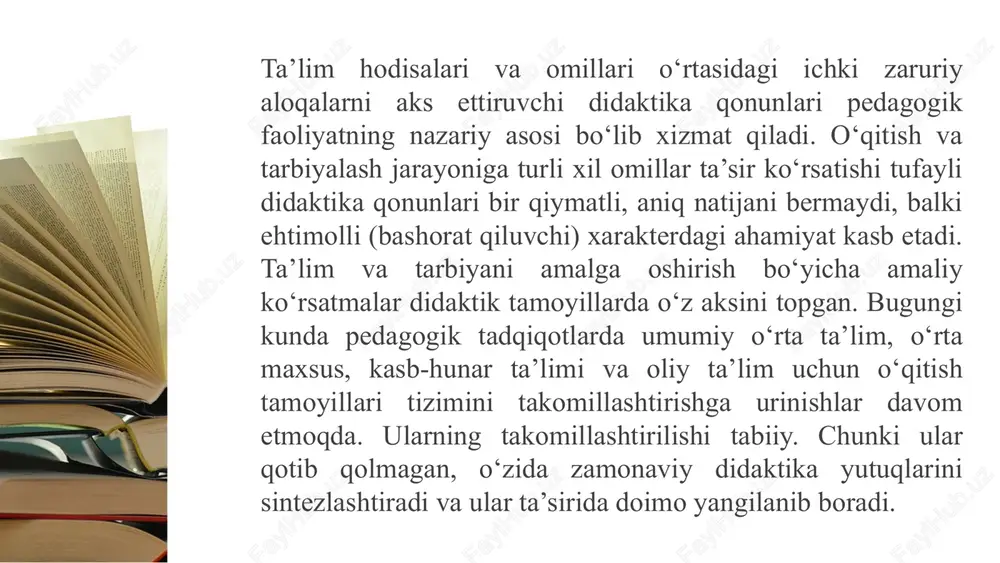 ing nima uchun kerakligi, ularning insonga nima bera olishi kabi masalalar qiziqarlidir. rivojlangan xorijiy mamlakatlar tarbiya tizimida muammoning mana shu jihati birinchi o‘ringa qo‘yilmoqda. yuqorida qayd etilgan g‘oyalar to‘g‘ri tashkil etilgan pedagogik jarayonda – yetuk fuqaro, malakali mutaxassis hamda barkamol oila sohibini tarbiyalab voyaga yetkazish uchun xizmat qilishi lozim. zamonaviy tarbiya mazmuni va ularda ilgari surilgan g‘oyalar yaxlit tarzda quyidagi ko‘rinishga ega bo‘ladi. tarbiya fanining ilmiy-tadqiqot metodlari. har qanday fan o‘zining ilmiy-tadqiqot metodlariga ega. bu metodlari orqali o‘z mazmunini boyitib, yangilab boradi. hayotda va obyektiv dunyoni bilish nazariyasida nimani o‘rgatish va qanday o‘rgatish kerak, kimni va qanday tarbiyalash lozim degan masalalar mavjud bo‘lib, ular o‘zaro bog‘liqdir. nima qilish kerak va qanday amalga oshirish lozim, degan muammolar o‘rtasida dialektik birlik mavjuddir. pedagogika o‘z mazmunini boyitish va yangilash maqsadida mavjud pedagogik hodisa va jarayonlarni uning maqsadi va vazifalariga muvofiq keladigan metodlari bilan o‘rganadi. shu ma`noda pedagogikaning ilmiy-tadqiqot metodlari deganimizda yosh avlodni tarbiyalash, …
