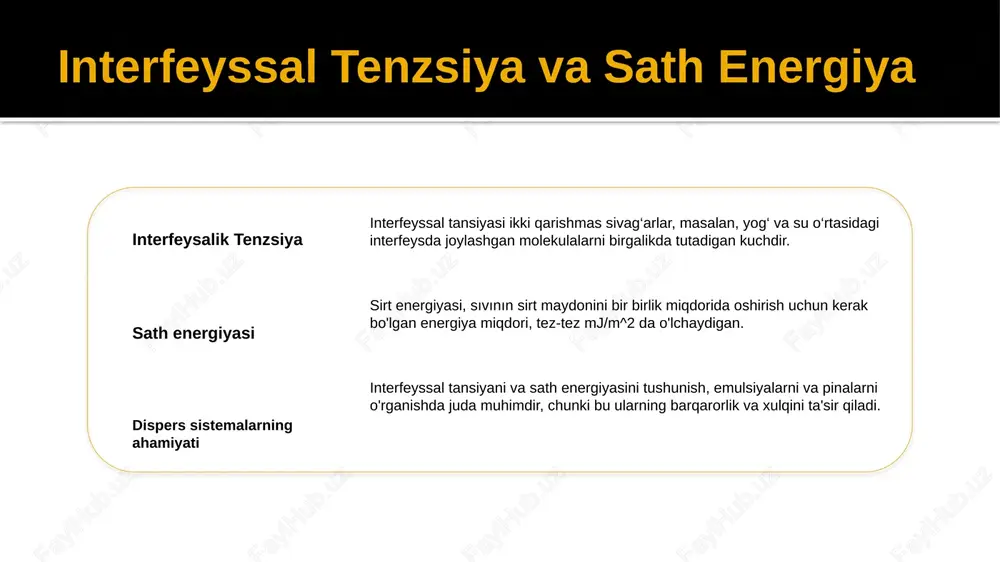 dalanishlari osilish va tsentrifugatsiya suv sochish, farmatsevtika, va oziq-ovqat ishlab chiqarish sanoatlarida keng qo'llaniladi. filtratsiya va ultrafiltratsiya 1 2 3 filtratsiya ultrafiltratsiya sanoatning amaliyotlari filtratsiya, su yoki g'azdan tverd zarrachalarni filter qog'oz yoki membran orqali o'tkazib yuborish jarayoni. ultrafiltratsiya, suvni tozalash jarayonida kichik porlarga ega membranani ishlatadigan, hattoki kichik zarrachalarni va molekulalarni ham ajratib tashlash uchun yuqori darajada filtratsiya shakli. masalan, ichim ochilish va ultrachilish farmatsevtika, oziq-ovqat va ichimliklar, suv to'plamalari kabi turli sanoat sohalarida keng qo'llaniladi, kommersiya uchun moddalarni ajratib tashlash va tozalash uchun elektroforez va elektrokinetik javonlar 1 2 3 elektroforez elektrokinetik fenomenlar kimyoda qo'llanmalar elektroforez yüklü zarrachaların suvda elektrik maydoni ta'siri ostida harakati, tez-tez dns tahlili uchun ishlatiladi. elektrokinetik hodisalar elektrik maydoni ta'siri ostida zarrachalarning harakati, shu jumladan elektroforez, elektroosmoz va dielektroforezni o'z ichiga oladi. elektroforez va elektrokinetik javobgarliklar, proteinlar va nukleik kislotalar kabi molekulalarni ajratib tahlil qilish uchun kimyoda keng tarqalgan qo'llaniladi. diffuziya va osmoz dispers …