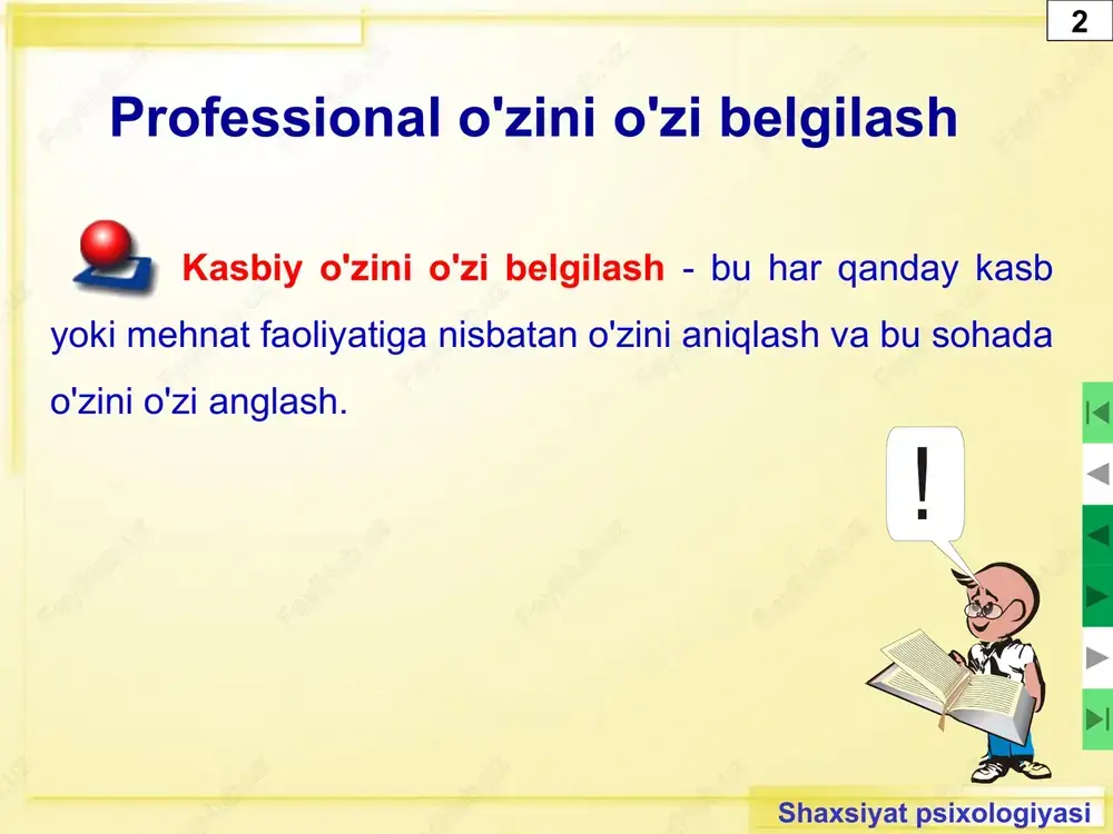 ng kichik turlari "inson texnologiyasi" uskunalarni yig'ish va sozlash. uskunalarni ta'mirlash. uskunalarni ishlab chiqish, yaratish. mashinani boshqarish. materiallarni qayta ishlash. 3 kasblar dunyosi pvx kasblar turi "inson texnologiyasi" harakatlarni yaxshi muvofiqlashtirish, aniqlik; harakatning aniqligi; yuqori ishlash intizomi; aniqlik; rivojlangan texnik fikrlash; yuqori unumdorlik va boshqalar. "inson - bu belgi tizimi." 2 kasblar dunyosi kasblarning kichik turlari "odam belgisi tizimi" tahrirlash. hisoblash va hisob-kitoblar. axborotni qayta ishlash va tahlil qilish. chizmalarni ishlab chiqarish. signallarni qabul qilish va uzatish. 6 kasblar dunyosi pvx kasblar turi "odam belgisi tizimi" mavhum fikrlash; doimiy e'tibor; yaxshi xotira, tasavvur; muvozanat; konsentratsiya, qat'iyatlilik; savodxonlik. 2 kasblar dunyosi pvx kasblar turi "inson-tabiat" tabiatga muhabbat; kuzatuv; qat'iyatlilik; ko'chirma; fikrlash va xulq-atvorda mustaqillik. “shaxs – badiiy obraz” kabi kasblarning xususiyatlari. 1 kasblar dunyosi kasblarning kichik turlari "inson- badiiy tasvir" vizual faoliyat. musiqiy faoliyat. adabiy-badiiy ijod. aktyorlik va sahna faoliyati. go'zallikni yaratish. 2 kasblar dunyosi pvx kasblar turi "inson- badiiy tasvir" …