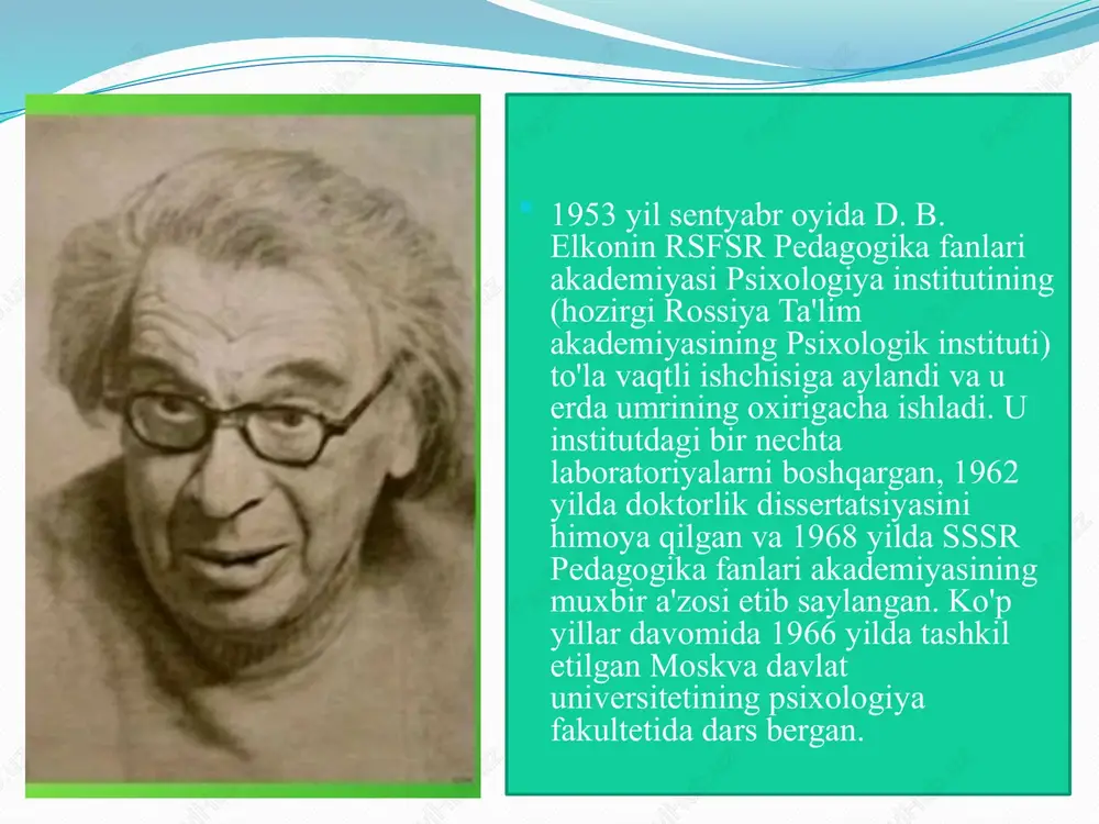 ga tayanib, o'rganish rivojlanishdan oldin keladi va "o'rganishdan rivojlanish" pedagogik faoliyatning asosiy haqiqati hisoblanadi. d. b. elkonin butun ilmiy faoliyati davomida bolaning psixologik rivojlanishi masalalarini o'rgangan. elkonin bolaning rivojlanishi haqidagi tushunchasi bu psixologiyada uzoq vaqtdan beri mavjud bo'lgan bolalar psixologiyasi masalasining naturalistik shakllanishini engib o'tishiga ishondi. image2.jpeg image3.jpeg /docprops/thumbnail.jpeg