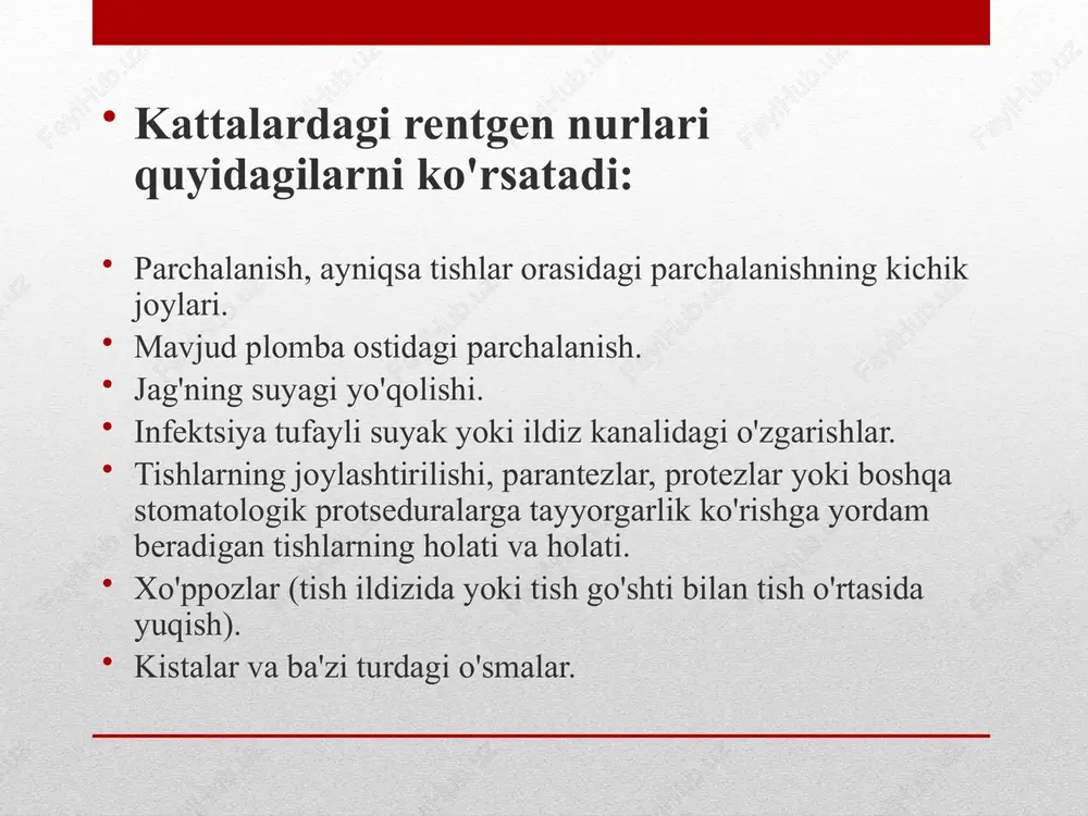 lab chiqaradi. biroq, tasvirlarni olish usuli boshqacha. konusning nurli kt apparati bemorning boshi atrofida aylanib, barcha ma'lumotlarni bitta aylanada to'playdi. an'anaviy tomografiya "tekis bo'laklarni" to'playdi, chunki mashina bemorning boshi atrofida bir necha marta aylanadi. ushbu usul shuningdek, bemorlarni yuqori darajadagi nurlanish ta'siriga duchor qiladi. kt konusning noyob afzalligi shundaki, u stomatologning ofisida ishlatilishi mumkin. stomatologik kompyuter tomografiyasi faqat shifoxonalarda yoki ko'rish markazlarida mavjud. raqamli tasvir - bu tasvirlarni to'g'ridan-to'g'ri kompyuterga yuborish imkonini beradigan 2-darajali stomatologik tasvirlash turi. tasvirlarni bir necha soniya ichida ekranda ko'rish, saqlash yoki bosib chiqarish mumkin. raqamli tasvir an'anaviy rentgen nurlari bilan taqqoslaganda bir nechta boshqa afzalliklarga ega. masalan, tishdan olingan tasvirni kattalashtirish va kattalashtirish mumkin. bu sizning tish shifokoringizga og'zaki imtihonda ko'rinmaydigan eng kichik o'zgarishlarni ko'rishni osonlashtiradi. bundan tashqari, agar kerak bo'lsa, rasmlar elektron shaklda boshqa stomatologga yoki mutaxassisga ikkinchi fikr uchun yoki yangi stomatologga yuborilishi mumkin. raqamli tasvir rentgen nurlariga qaraganda kamroq nurlanishdan ham foydalanadi. …
