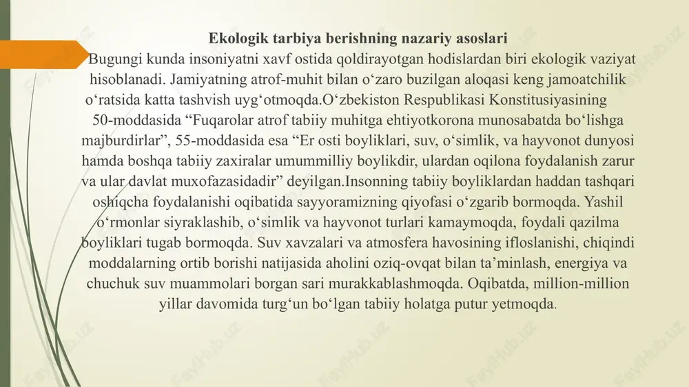 lar manbalarga boy. unda er, suv, havo turli tabiiy hodisalarga tegishli xalq so‘zlari ko‘plab topiladi.bobur har bir xududni ma’lum bir tartibda tasvirlaydi. avvalo joyning geografik o‘rni, qaysi iqlimga mansubligi, shifobaxsh joylari, o‘simliklari, qazilmalari, hayvonoti va aholisi haqida ma’lumotlar beriladi. tabiat shunday odil mo‘jizaki, atrof-muhitni muvozanatga keltiradi. chunonchi, chiqarilgan karbonat angidridni o‘simliklar yutib, uni kislorodga aylantiradi, demak o‘simliklar dunyosi, ramziy ma’noda aytganda, havoni chang va karbonat angidriddan tozalab beruvchi bebaho vositadir. bunda inson o‘z atrofini o‘rab turgan tabiatni, uning o‘simliklar dunyosini ko‘z qorachig‘iday asrabgina qolmay, uni boyitishi, qo‘lidan kelganicha ko‘proq daraxt ekishi, ko‘kalamzorlashtirishga intilishi zarur degan xulosa chiqadi. shuning uchun ota-bobolarimiz daraxt ekish, bog‘-rog‘ yaratishni savobli ish deb bilishgan. bir tup mevali daraxt ekkan kishining ikki dunyosi obod bo‘ladi, deb bejiz aytishmagan. muhammad allayhissalom hadislarida bu ishning savobi xususida quyidagilar aytilgan: “ekmoq niyatida qo‘lingizda ko‘chat turgan paytda, behosdan qiyomat qoim bo‘lib qolishi aniq bo‘lganda ham, ulgursangiz, uni ekib qo‘ying”.inson ehtiyoji uchun …