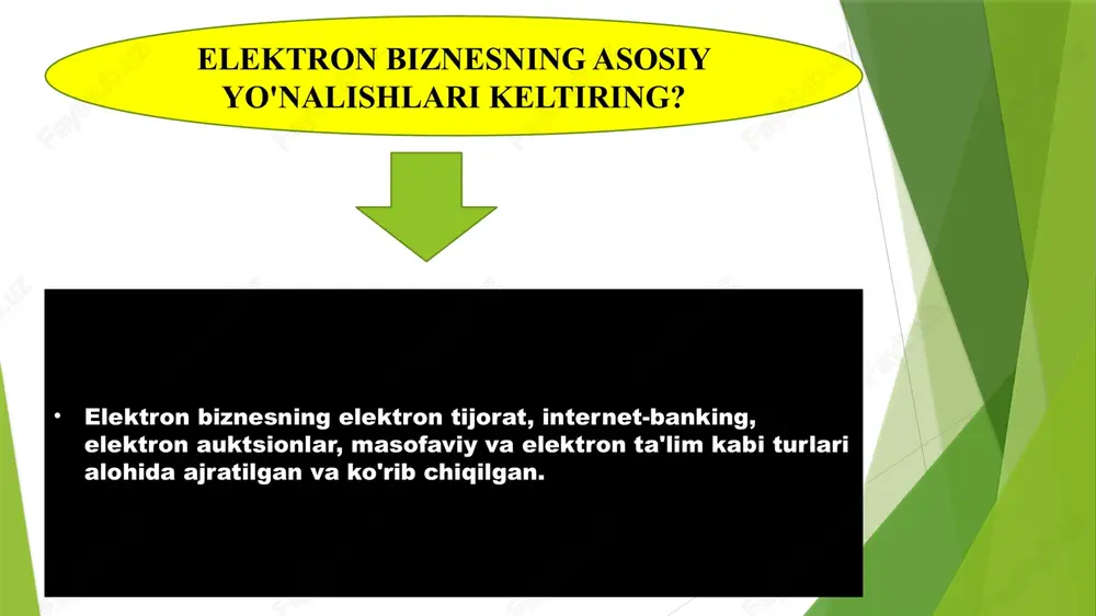 o'zi o'rtasidagi masofa qisqaradi. internet - bu yagona axborot makonini tashkil qilish vositasi, ammo aynan u biznesni rivojlantirishning yangi bosqichiga kirishga imkon yaratdi. bir tomondan, internet ishlab chiqaruvchilarga turli xil imtiyozlarga ega bo'lgan eng katta iste'molchilar auditoriyasiga kirish imkoniyatini berdi, boshqa tomondan, mijozlarga elektron interfeyslardan foydalangan holda o'z buyurtmalarini yaxshi ishlaydigan ishlab chiqarishni boshqarish tizimiga kiritish imkoniyatini berdi. o’zbekistonning iqtisodiyotni bozor tashkil etishga o'tishi munosabati bilan har bir korxona faoliyati uchun tashqi sharoitlar tubdan o'zgardi. bozor iqtisodiyoti yanada moslashuvchan, operativ va ayni paytda global miqyosda bo‘lib, yer sharining butun makonini qamrab oladi. binobarin, real vaqt rejimida bozorga kirish yagona kibermakon orqali rivojlanmoqda va kengaymoqda. bugungi kunda elektron biznes va elektron tijorat kabi tushunchalarni farqlash zarur. 😄 e’tiboringiz uchun raxmat image1.jpeg image2.jpeg image3.jpeg image4.jpeg /docprops/thumbnail.jpeg
