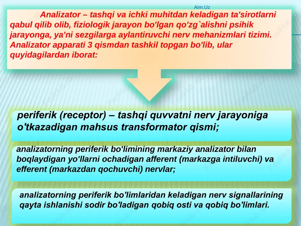 z ta'm bilish sezgilari shirin, achchiq, nordon, sho'r singari mazalarni his qilish bilan tavsiflanadi. ta'm bilish sezgilarining organi tilning yuzasi va tanglayning yumshoq qismidan tashkil topgan. tilning shilliq pardasida maxsus ta'm bilish so'rg`ichlari mavjud bo'lib, ularning tarkibi tayoqchasimon hujayralardan tuzilgan maxsus ta'm bilish “kurtaklari”ga ega. ta'm bilish so'rg`ichlari til yuzasida bir tekis taqsimlanmaganligi uchun uning orqa qismi achchiqni, uchi shirin mazani, chetlari esa nordon mazani sezadi. aim.uz teri sezgilari tarkibi tuyish va harorat turlaridan iborat bo'lib, ularning bunday nomlanishining bosh omili bu retseptorlarning tarkibi va organizmning tashqi shilliq pardalarida joylashganligidadir. tuyish sezgilari ikki xil axborotni qabul qilish imkoniyatiga ega: birinchisi tegish va tarqalishini tuyish sezgilari; ikkinchisi esa silliq yoki g`adir – budurni tuyish bilan tavsiflanadi.. aim.uz psihologiyada tuyish tanachalari va sezuvchi nervning chekka tarmoqlari zichligi ekstiziometr asbobi yordami bilan o'lchanadi. asbob keriladigan ikki oyoqli sirkuldan tashkil topgan, bo'lib, uning o'zagidagi darajalar oyoqlarning uchlari o'rtasidagi masofani o'lchaydi. tuyish sezgilarining markazi bosh …