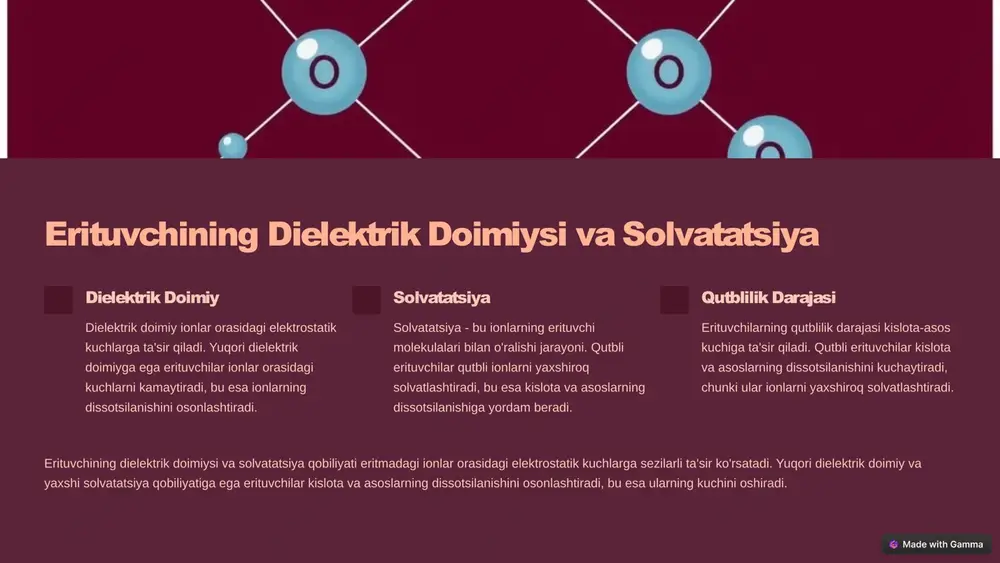 tibbiyot diagnostika, davolash. atrof-muhit suv sifatini nazorat qilish. kislota-asos munosabatlarining amaliy ahamiyati juda keng. ular kimyo sanoatida kataliz va sintez jarayonlarida, biokimyoda enzimlar va metabolizmda, tibbiyotda diagnostika va davolashda, atrof-muhit muhofazasida suv sifatini nazorat qilishda muhim rol o'ynaydi. kelajakdagi tadqiqotlar ushbu sohalarda yangi yechimlar topishga qaratilishi mumkin. 8 image-1002-1.png image-1-1.png image-1-2.png image-1003-1.png image-1004-1.png image-3-1.png image-3-2.png image-3-3.png image-1005-1.png image-4-1.png image-1006-1.png image-5-1.png image-5-2.png image-5-3.png image-5-4.png image-5-5.png image-1007-1.png image-6-1.png image-6-2.png image-6-3.png image-6-4.png image-6-5.png image-1008-1.png image-7-1.png image-7-2.png image-7-3.png image-7-4.png image-1009-1.png image-8-1.png