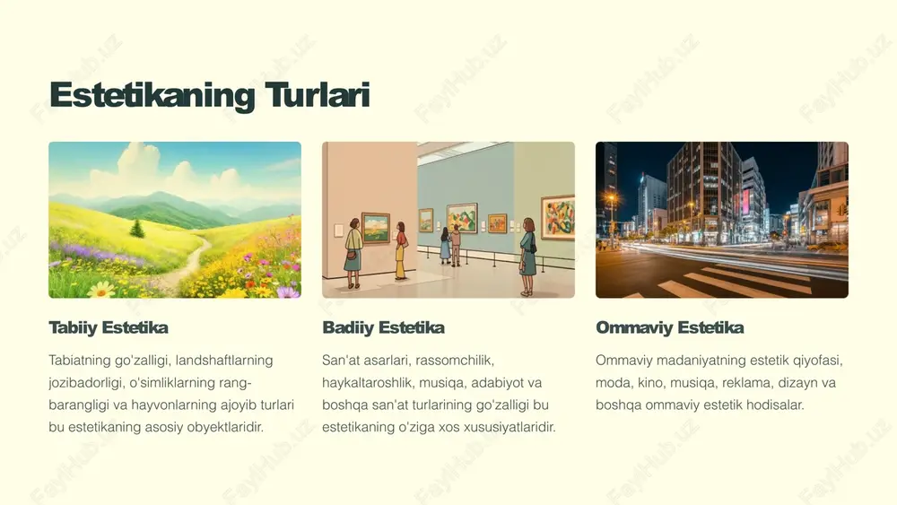 2 san'at va madaniyat etikaning tamoyillari san'at va madaniyatni rivojlantirishga, ularni estetik jihatdan boyitishga yordam beradi. 3 harakatlarni baholash estetik tarbiya insonlarni atrofdagi narsalarga, o'z harakatlariga baho berishni, ularni go'zallik va yomonlik nuqtai nazaridan tahlil qilishni o'rgatadi. 12 estetikaning etik tarbiyaga ta'siri go'zallikka qiziqishni shakillantirish estetika, go'zallikni idrok etish va qadrlashni o'rgatadi. bu go'zallikka qiziqishni, tabiat, san'at va madaniyatdagi go'zalliklarni qadrlashni o'rgatadi. yaxshilik va chiroyli o'rtasidagi bog'liqlikni o'rnatish go'zallik va yaxshilik o'zaro bog'liqdir. estetik tarbiya, chiroyli va to'g'ri, yaxshilik va go'zallik o'rtasidagi uzviy bog'liqlikni tushunishga yordam beradi. etik xulq-atvorni shakillantirish estetik tarbiya insonning estetik didini, go'zallikni anglash va qadrlash qobiliyatini rivojlantiradi. bu shaxsning etik xulq-atvorini shakllantirishda muhim rol o'ynaydi. 13 etika va estetikaning jamiyatdagi roli 1 1. jamiyat tartibini saqlash etika va estetika jamiyatda tartib, uyg'unlik va go'zallikni saqlashda muhim rol o'ynaydi. 2 2. insonlararo munosabatlarni yaxshilash ular odamlar o'rtasidagi munosabatlarni yaxshilash, mehr-muhabbat va hurmatni rivojlantirishga yordam beradi. 3 3. …