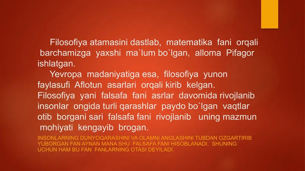 dinlar orasida mavqe jihatdan juda katta o`rin tutadi. filosofiya islom falsafasi. islomda kalom ilmi shakllangan va u islom ilohiyotining o`ziga xos falsafiy ta`limoti- dir. u diniy aqidalarni asoslab berishda qur`onga tayanadi va ollohning haqligi, uni olamning yaratuvchisi ekanligi, olam va insonning olloh tomonidan yaratilgani va odamzodning tangri oldida mas`ul ekanligini ta`kidlaydi. filosofiya xulosa barchamizga ma`lumki, falsafa fani uning kelib chiqish tarixi hammamiz uchun qiziq. bu fan azal azallardan beri malum va eng buyuk donish mand-u olimlar bu fan ustida turli xil falsafiy fikrlarni berishgan. hamma xalqlarning fikrlashi tafakkuri va ongi turli-tuman shaklda bo`ladi. ular oz dini, dunyoqarashi, iqlimi va yashashayot - gan sharoiti-yu zamonidan kelib chiqib, eng aqlli va dono fikrlarini falsafiy tafakkur qilgan holatda atrofdagilarga berishgan. filosofiya bunday falsafiy tafakkurni yohud fikrni faqatgina faylasuflik darajasiga yetganlargina atrofidagilarga yani hozirgi til bilan aytganda ommaga bera oladi xolos. ular bu fikrni ommaga berish bilan birqatorda nima uchun bunaqa deyishayotganini asoslab beri- …