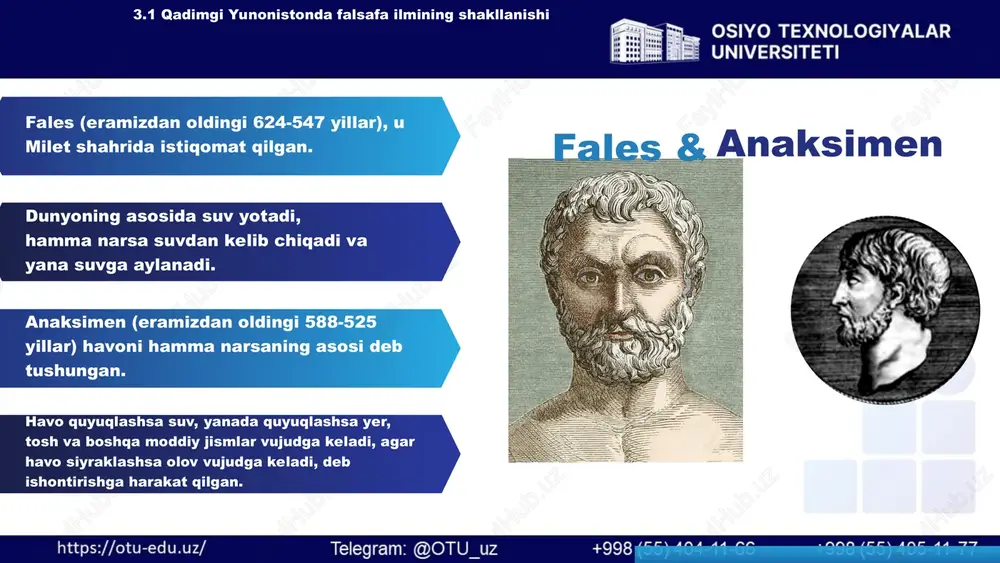 nlar; parmenid hissiy bilish va oliy ruhiy bilishni ajratadilar (fikr); eleylik zenon monizm tarafdori bo'lganlar-turli hodisalarning yagona boshlang'ich asosdan paydo bo'lganligini tan oladilar; samoslik meliss barcha narsalar g'oyalarning moddiy ifodasi deb hisoblaganlar (idealizmning boshlovchilari bo'lganlar). 3.2. ilk o'rta asr g'arb falsafasi rivojlanishining umumiy belgilari 1. sonlar 2. hissiy idrok 3. birlik 4. dialektik birlik pifogorchilar - qadimgi yunon faylasufi va matematigi pifogor tarafdorlari va izdoshlari (miloddan avvalgi vi asrning 2-yarmi - v asr boshlari) barcha narsalarning boshlang'ich asosi sonlar deb hisoblaganlar (voqelikdagi barcha narsalarni va voqealarni sonlarga bog'lash va sonlar yordamida o'lchash mumkin); olamni sonlar orqali bilishni himoya qilganlar (sonlar orqali bilishni hissiy idrok orqali bilish deb bilganlar); birlikni barcha narsalarning mayda zarrasi deb hisoblaganlar; olamning dialektik birligini ko'rsatuvchi "protokategoriyalarni" ajratishga harakat qilganlar (toq-juft, yorug'-qorong'u, to'g'ri-qiyshiq, o'ng-so'l va h.k.). 3.3. yangi va eng yangi davr falsafasining ustuvor yo'nalishlari suqrot (miloddan avvalgi 469-399 y). sofistikaga aloqador faylasuflardan biri xususiyatlari suqrot faoliyatining …