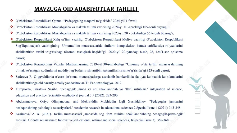 vobgarlik, tenglik mavjud bo‘lgan, ko‘zlangan maqsadlarga erishishda kommunikativ kompetensiyaga ega bo‘lish, ishni, vaqtni to‘g‘ri taqsimlay olish, ziddiyatli va muammoli vaziyatlarda to‘g‘ri qaror qabul qilish, jamoa faoliyatini muvofiqlashtirishdagi do‘stona, iliq muhit nosoglom muhitning belgilari 01 02 03 04 raqobatchi to‘g‘risida mis- mishlar tarqatish og‘zaki tushunmovchilik ochiq va ishonchli muloqotning yo‘qligi boshqalarga nisbatan shubhali va ishonchsiz munosabatda bo‘lish 05 raqobatchi haqida salbiy tasavvur yoki hayollar nizoli vaziyatlarda rahbarlarning 3 xil xulq-atvor tipi amaliyotchi eng yaxshi himoya - hujum tamoyiligi amal qiladi. ular uchun eng muhimi harakatdir, mana shu nizolarni uzoq vaqt davom etishiga olib keladi. atrofdagilarning fikrini o‘zgaruvchanligi turli qaralsa qarshiliklarga olib keladi. rahbar – xodim munosabatlarida biror muammoni hal qilishda nizodan qochib bo‘lmaydi. amaliyotchilar juda maydakash bo‘lgani uchun munosabatlarda buzilishlar kuzatiladi. hamsuhbat hamsuhbatlar uchun yaxshi urushlardan ko‘ra yomon dunyo yaxshi degan tamoyilga amal qiladilar. ular uchun insonlar bilan muloqatda bo‘lish birinchi o‘rinda turadi. bunday tipdagi shaxslar o‘zgalar fikrini osonlik bilan qabul …