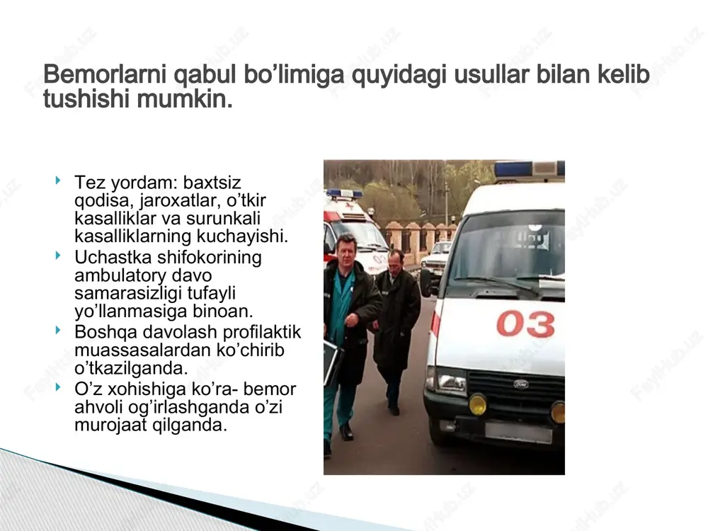 sh yuzasini steril bint yoki choyshab bilan yopgan holatda kalla suyagi sinishida zambilda chalqancha yotgan holatda, bosh tagiga yostiq qo’ymasdan, bosh atrofiga qalin matodan, kiyimlaridan yostiqcha qilib qo’yish umurtqa pog’onasining ko’krak va bel qismining sinishi qattiq zambil-chalqancha yotgan holda, oddiyda qornida qovurgalar sinishida qattiq zambil-chalqancha(yonboshlab emas) oddiyda qornida chanoq suyagi sinishida chalqancha yotib,tizzaning tagiga yostiq qo’yib oyoqlar ochilgan holda bemorlarni transportirovka (ko’chirib o’tqazish) xususiyatlari image1.jpeg image2.jpeg image3.jpeg image4.jpeg image5.jpeg image6.jpeg stack of files and papers /docprops/thumbnail.jpeg