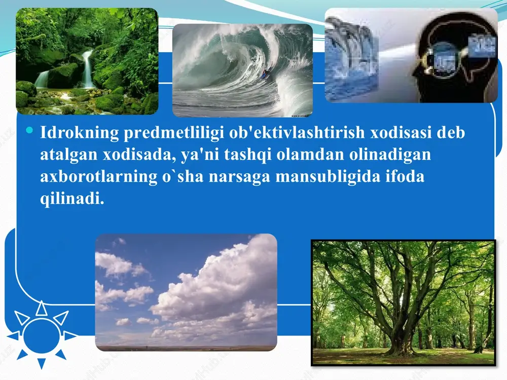 tajribasiga tayanadida kattaroq buyumni ushlaganida ko’proq zo’r beradi, kichikroq buyumni esa buni aksi, natijada og’irligi baravar bo’lgani bilan zo’r berish yoki muskullarning qarshilik ko’rsatishi uchun sarf qilingan kuch darajasi har xil bo’lganligidan, kichikroq buyum og’irroq tuyuladi. gollyutsinatsiya illyuziyani gollyutsinatsiyadan farq qilish lozim. illyuziya shu onda sezgi organlarimizga ta’sir qilib turgan bir narsani yanglish, noto’g’ri idrok qilish bo’lsa, gollyutsinatsiya yoq narsani, tashqi ta’surotsiz idrok qilinishidir. masalan: yo’q narsalarni ko’zimizga bordek ko’rinishi, yo’q ovozlarni quloqqa eshitilishi, yo’q narsalarni xidi dimoqqa urilishi va boshqa shu kabilar gollyutsinatsiya deb ataladi. gollyutsinatsiya ko’pincha kasallikdan darak beruvchi alomatdir. u nerv sistemasi bironta zaxarli narsa (alkogol, kokayin, nasha) bilan ta’sirlanganda nerv sistemasini buzadigan kasalliklar oqibatida ro’y beradi. masalan doktor xaus t/s dagi voqealarni olaylik. image2.jpeg image3.jpeg image4.jpeg image5.png image6.jpeg image7.jpeg image8.jpeg image9.jpeg image10.jpeg image11.jpeg image12.jpeg image13.jpeg image14.jpeg image15.jpeg image16.jpeg image17.png image18.jpeg image19.jpeg image20.jpeg image21.jpeg image22.jpeg image23.jpeg /docprops/thumbnail.jpeg