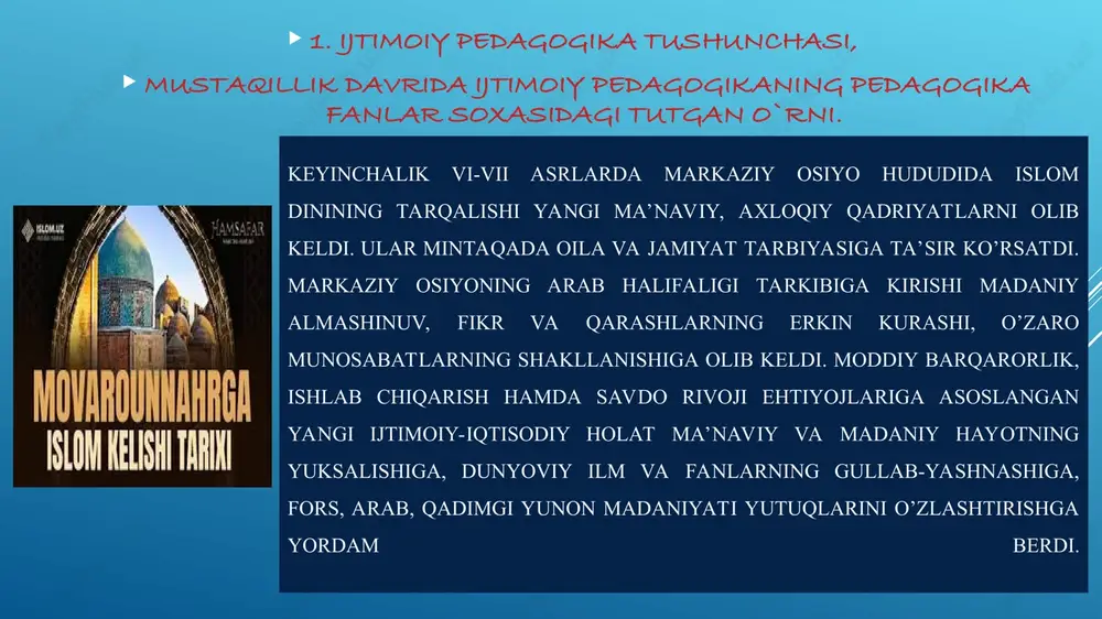 oz va o’qituvchilarning bilimlarini hayotga tadbiq etishlariga e’tibor berish lozimligiga ishora qilgan. qomusiy olimlar shaxsiy namunaga nihoyatda katta e’tibor berishgan hamda o’zlari ham intiluvchanlik, yuqori ijtimoiy mavqega erishganlik namunasi bo’lib xizmat qilishgan. forobiy nihoyatda mehnatsevar, irodali, kamtar, sodda bo’lgan va doim yordamga intilgan. forobiyning o’quvchilarning individual psixologik va aqliy xususiyatlariga mos tushuvchi ta’limning ustuvorligi, kasb tanlash muhimligi haqidagi fikrlari hozir ham katta ahamiyatga ega. tarbiyaning ijtimoiy xarakteri haqidagi g’oyalar alisher navoiyning adabiy merosida nihoyatda aniq ifodasini topgan. shoirning pedagogik qarashlari insonparvar xarakterga ega. inson egallashi lozim bo’lgan barcha bilim va kasb-hunarlar u tomonidan vatan foydasi uchun qo’llanilishi kerak. xi-xii asr markaziy osiyo ma’rifatparvar olimlari turli fanlar, shu jumladan pedagogikaning rivojiga katta hissa qo’shishdi. yusuf xos hojib, burxoniddin zarnujiy va ahmad yugnakiylar bolalar jamiyatda o’z o’rnini topishida bilim, ota-ona, oilaning o’rnini alohida ajratib ko’rsatadilar. markaziy osiyo ma’rifatparvar olimlari tarbiyaning asosiy maqsadi deb, komil insonni tarbiyalash, unga yetishish vositasi deb esa qattiqqo’llik, …