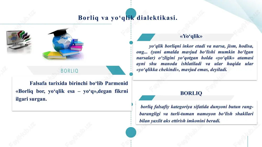 unchasiga amalda mavjud bo‘lgan barcha narsalarni kiritdi. aristotel (miloddan avvalgi 322-384 yillar). «borliq nima?» degan savol qo‘ygan, tafakkur va borliqning bir xilligi g‘oyasini ilgari surgan. aristotelning fikricha, «borliq kategorial so‘zlash shakllari orqali ifodalanuvchi barcha narsalarga o‘z-o‘zidan bog‘lanadi. 01 02 03 04 qadimgi yunon falsafasida borliq muammosi demokrit yondashuvi borliqni turli tarzda namoyon bo‘lishi va ongda aks etishi (diskret situativ-empirik) ko‘rinishida tushunishni nazarda tutadi hamda naturalizm sifatida namoyon bo‘ladi. demokrit— moddiy dunyo, abadiy va poyonsiz, cheksiz-chegarasiz reallikdir, olam mayda moddiy zarrachalardan, ya’ni atomlardan va bo‘shliqdan iborat deya ta’lim byeradi. demokrit tasodifiyatni inkor etgan. u «na tabiatda na jamiyatda xech bir narsa tasodifan paydo bo‘lmaydi», deb yozgan. demokritning falsafiy qarashlarida axloqiy ta’limot muhim o‘rin tutadi. atomlar va bo‘shliq o‘zaro yaxlit abadiy ibtidodir. atomlar — bo‘linmas va o‘zgarmas, sifat jihatdan bir xil, uning miqdori shakli singari behisobdir. harakat, degan edi demokrit, atomlardan iborat moddaning abadiy, tabiiy holatidir. 01 02 03 04 qadimgi yunon …