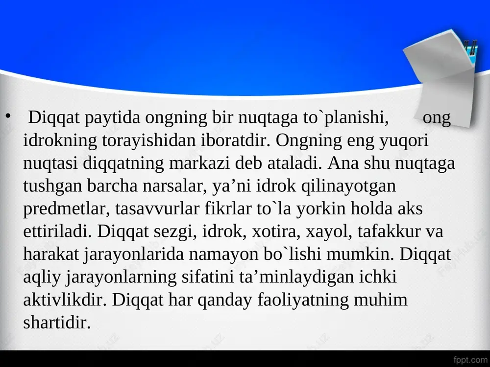 ttiradi. har bir jadvallardagi nuqtalar soni ularning soniga mos tarzda ko’payib boradi. tajribadan oldin o’quvchiga quyidagicha ko’rsatma beriladi: “hozir siz bilan kimning diqqat hajmi kengligini bilib olamiz, siz o’zingizdagi bo’sh kattakchalarni quyidagilardan eslab qolganingizni to’ldirib bering” ( ushbu metodni 2-sinflar o’rtasida qo’llaganimiz uchun nuqtalar sonini 4tadan oshirmadik). o’tkazilgan metodning natijalar taxlili shuni ko’rsatdiki: bolalarning 60% to’g’ri bajardi; 10% umuman metodning topshiriqlarini tushunmaganini aytdi; 30% nuqtalarni belgilashda xatolika yo’l qo’ygan. hosil bo`lish xususiyatlariga va amal qilish usullariga ko`ra diqqatning 2 ta asosiy turi ixtiyoriy va ixtiyorsiz turlari mavjud. ixtiyoriy diqqat - ongli ravishda boshqariladigan va tartibga solinadigan diqqat va e’tibordir. ixtiyoriy diqqat ixtiyorsiz diqqat zamirida hosil bo`ladi. ixtiyoriy diqqatning asosiy vazifasi psixik jarayonlarning kechishini faol boshqarib turishdan iborat. bu diqqatning boshlanishi, davom ettirishi kuch va zo`r berishini, ya’ni irodaning ishtirokini talab qiladi. shuning uchun bu irodaviy diqqat deb ham yuritiladi. ixtiyorsiz diqqat kishining xohishlari va maqsadlaridan holi tarzda hosil bo`ladigan diqqat …