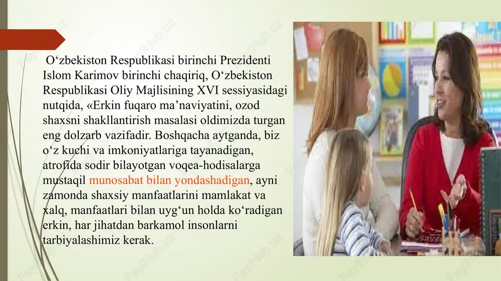 a tarixi. t., “oʻqituvchi”, 2023 4. nishonova s. komil inson tarbiyasi. t., 2002 yil. 5. ismoilova.z. tarbiyaviy ish metodikasi. t., “istiqlol”, 2003 y etiboringiz uchun rahmat!!! image1.png image2.jpeg image3.jpeg image4.jpeg image5.jpeg image6.jpeg image7.jpeg /docprops/thumbnail.jpeg