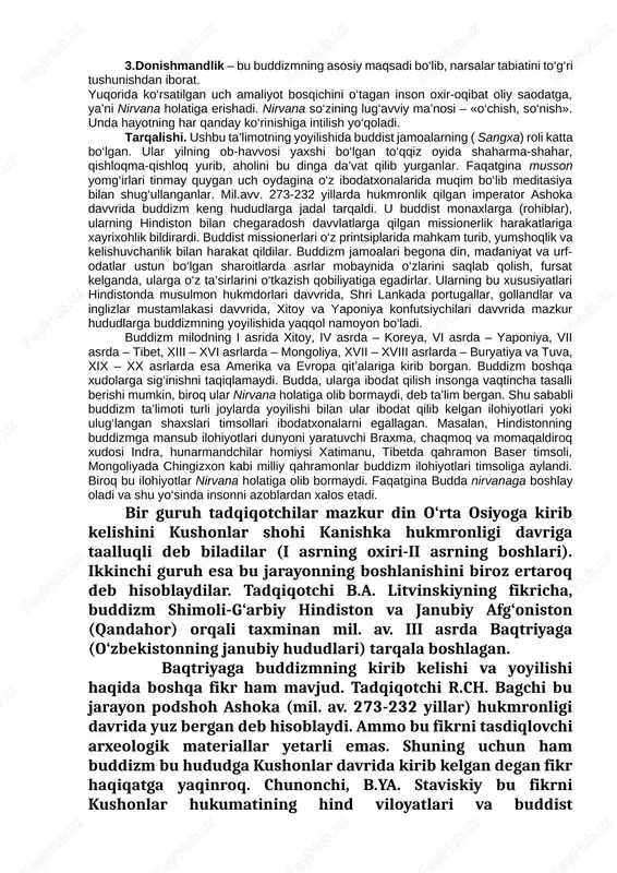 ning jasadi, hind udumiga ko‘ra, kuydirilib, xoki 8 ta buddist jamoalariga bo‘lib yuborildi va har bir jamoa uni dafn etgan joyida ibodatxona ( stupa) barpo etdi. buddaning hayoti haqida turli asotirlar paydo bo‘ldi. ularda aytilishicha, budda ko‘p yillar davvomida er yuzidagi turli mavvjudotlar qiyofasida qayta tug‘ilgan: 84 marta ruhoniy, 58 marta shoh, 24 marta rohib, 13 marta savvdogar, 18 marta maymun, 12 marta tovuq, 8 marta g‘oz, 6 marta fil, shuningdek, baliq, qurbaqa, kalamush, quyon qiyofalarida qayta tug‘ilgan. jami 550 marta qayta tug‘ilgan. u doimo qaerda, qay qiyofada tug‘ilishini o‘ziga o‘zi belgilagan. so‘nggi marta uni xudolar insoniyatni to‘g‘ri yo‘lga boshlashi uchun inson qiyofasida yaratganlar. bu afsonalarning ba’zilariga ko‘ra, er yuzida gautamaga qadar 6 ta budda o‘tgan. shuning uchun buddizmning ba’zi muqaddas joylarida 7 ta ibodatxona barpo etilgan. 7 ta bodxa daraxti o‘tkazilgan. ba’zi afsonalar 24 ta budda avvlodi o‘tgan desa, ba’zilari minglab buddalar o‘tgan deb da’vo qiladi. ta’limoti. buddizm qadimiy …