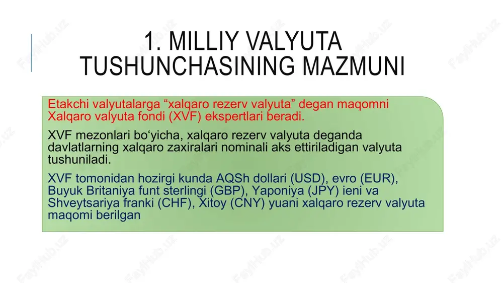 hunday qilib, 2 holat bo‘yicha: kross kurs = spot kurs (spot rate) va forvard (muddatli) valyuta kursi (forward rate) spot kurs (spot rate) – valyuta oldi-sotdi bitimini tuzish paytida belgilangan, valyuta bozoridagi talab va taklif asosida shakllangan, joriy valyuta kursi bo‘lib, bu kurs bo‘yicha tuzilgan bitimlarda uning ishtirokchilari kelishilgan valyutalarni qisqa vaqt (bitim tuzilgan kundan boshlab 2 ish kuni) ichida etkazib berishni o‘z zimmalariga oladilar. forvard (muddatli) valyuta kursi (forward rate) – kelajakda, odatda, 2 ish kunidan ortiq muddatda valyutalarni o‘zaro ayirboshlash uchun foydalaniladigan, joriy valyuta kursi asosida belgilangan muddat uchun taxminiy hisoblangan valyuta kursidir. shartnomada belgilangan muddat kelganda, bitimda ko‘rsatilgan kursdan joriy kurs farq qilsa, bundan bir tomon foyda oladi, boshqa tomon esa, zarar ko‘radi. valyuta kurslari o‘zgarishining erkinlik darajasiga ko‘ra turlari valyuta kurslari o‘zgarishining erkinlik darajasiga ko‘ra valyuta kurslari qatiy belgilangan, chegaralangan egiluvchan, suzuvchi valyuta kurslariga bo‘linadi. 1 qatiy belgilangan valyuta kursida milliy valyutalar o‘rtasidagi rasman o‘rnatilgan nisbataing …