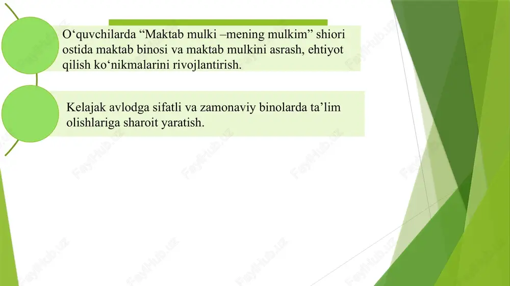arali foydalanib issiqxonalar tashkil etish, yetishtirish oson bo‘lgan ko‘katlar, xonaki va mavsumiy gullar yetishtirish orqali; vazirlar mahkamasining 343-sonli qaror asosida maktabda fanlar kesimida slohiyatli o‘qituvchilarni jalb qilgan holda repititorlik faoliyatini, boshlang‘ich sinflarda pullik sinflarni tashkil etish orqali; xulosa yuqorida aytilgan tashabbuslar amaliyotda yo‘lga qo‘yilsa, ota-onada e’tibor, o‘qituvchida majburiyat, o‘quvchida ma’suliyat, ta’lim va tarbiyada sifat, mahalla va jamiyatda esa daxldorlik hissi shakllanadi t/r muammo amalga oshirish mexanizmi mas’ullar muddat natija 1 o‘quvchilarini maktab binosini, mulkini asrash, ehtiyot qilish va uni saqlash bo‘yicha ota-onalar hamkorligini yo‘lga qo‘yish ota-onalar ishtirokida turli tadbirlar, aksiyalar, shanbaliklar o’tkazish. maktab rahbariyti va o‘qituvchilar o‘quv yili davomida o‘quvchilarda mehnatsevarlik va o‘zgalar mehnatini hurmat qilish, maktab mulkini asrash, ota-onalarda maktabga e’tibori, jamiyat oldida javobgarligi oshadi . 2 maktab binosidan samarali foydalanish o‘zbekiston respublikasi vazirlar mahkamasining 343-sonli qaror asosida maktabda pullik ta’lim xizmatlarini ko‘rsatish maktab rahbariyti va o‘qituvchilar o‘quv yili davomida maktab hisobini boyitish orqali o‘qituvchilar manfaatdorligi oshadi hamda maktab …
