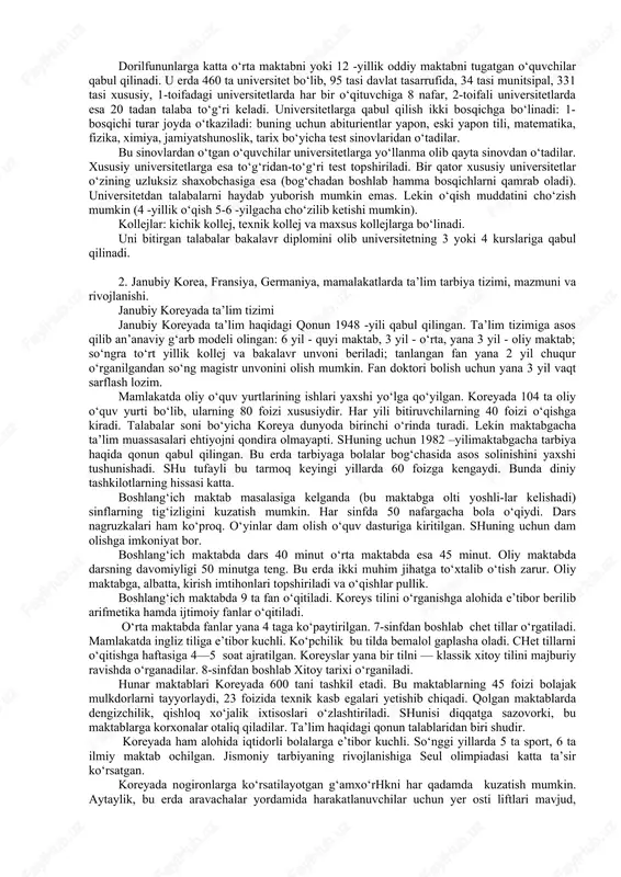 tilini 9-sinf hajmida yoki engillashtirilgan reja bo‘yicha o‘rganishi mumkin. kimyodan yoki matematika, biologiya, fizika va boshqa tabiiy fanlardan maktab rejasini muddatidan oldin tugatgan, barcha kontrol ishlarini topshirgan o‘quvchiga maktabda o‘qib yurgan vaqtidayoq shu fanlar bo‘yicha o‘zi kirmoqchi bolgan kollejning birinchi kursi imtihonlarini ham topshirishiga imkoniyat yaratiladi. amerikaning yuqori maktablarida shunday o‘qituvchilar borki, ular kollejlarning birinchi kurslarida o‘qitiladigan ma’lum fanlardan dars berishlari hamda imtihon olishlari shart. amerika maktablarida bitirish imtihonlari yo‘q. oliy o‘quv yurtlariga kirish uchun bizdagidek kirish imtihonlari olinmaydi. biroq har bir abiturient oliy o‘quv yurtiga kirish uchun matematika va ingliz tilidan sinov (test) topshiradi. bunday testlar amerikada har yili 3-4 marta o‘tkaziladi. sinov savollari kitob shaklida har yili chop etiladi. ularda mingga yaqin mashqlar, masalalar va ular-ning echimlari ko‘rsatiladi. sinflarda qanday savollar bolishi bizga o‘xshab sir tutilmaydi, balki ochiq-oydin «matematika va ingliz tilidan bu yil mana shu savollarga javob berish lozim» deb ko‘rsatiladi. o‘quvchilar bu kitobni olib, kirish sinovlariga …