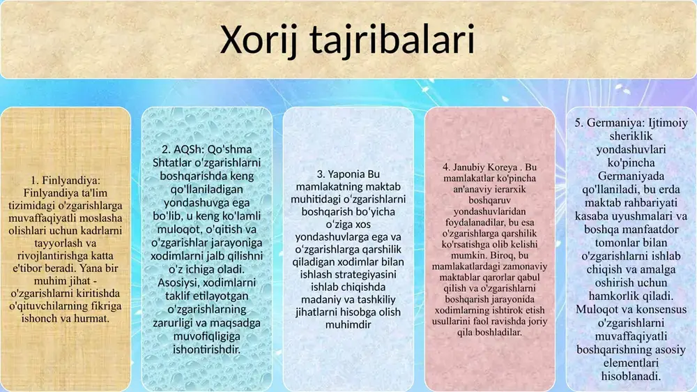gan xodimlar bilan ishlash nafaqat dolzarb, balki ta'limni muvaffaqiyatli boshqarish va maktab ta'limi sifatini oshirishning ajralmas qismidir. maktabdagi o'zgarishlarga qarshilik ko'rsatadigan xodimlar bilan ishlashning dolzarbligi: o'zgarishlarni muvaffaqiyatli amalga oshirish: o'zgarishlarga qarshilik qiladigan xodimlar bilan ishlash ta'lim muassasasida yangi strategiya va amaliyotlarni muvaffaqiyatli amalga oshirish uchun juda muhimdir. o'zgarishlarga qarshilik ko'rsatish xodimlarga moslashuvchan ko'nikmalar va o'z ishlarida moslashuvchanlikni rivojlantirishga yordam beradi, bu bugun gi tez sur'atlardagi ta'lim sohasida muhim ahamiyatga ega. tashkiliy madaniyatni oshirish: o'zgarishlarga qarshilikni engib o'tish xodimlarning doimiy takomillashtirishga intiladigan ochiq va innovatsion maktab madaniyatini rivojlantiradi. /docprops/thumbnail.jpeg